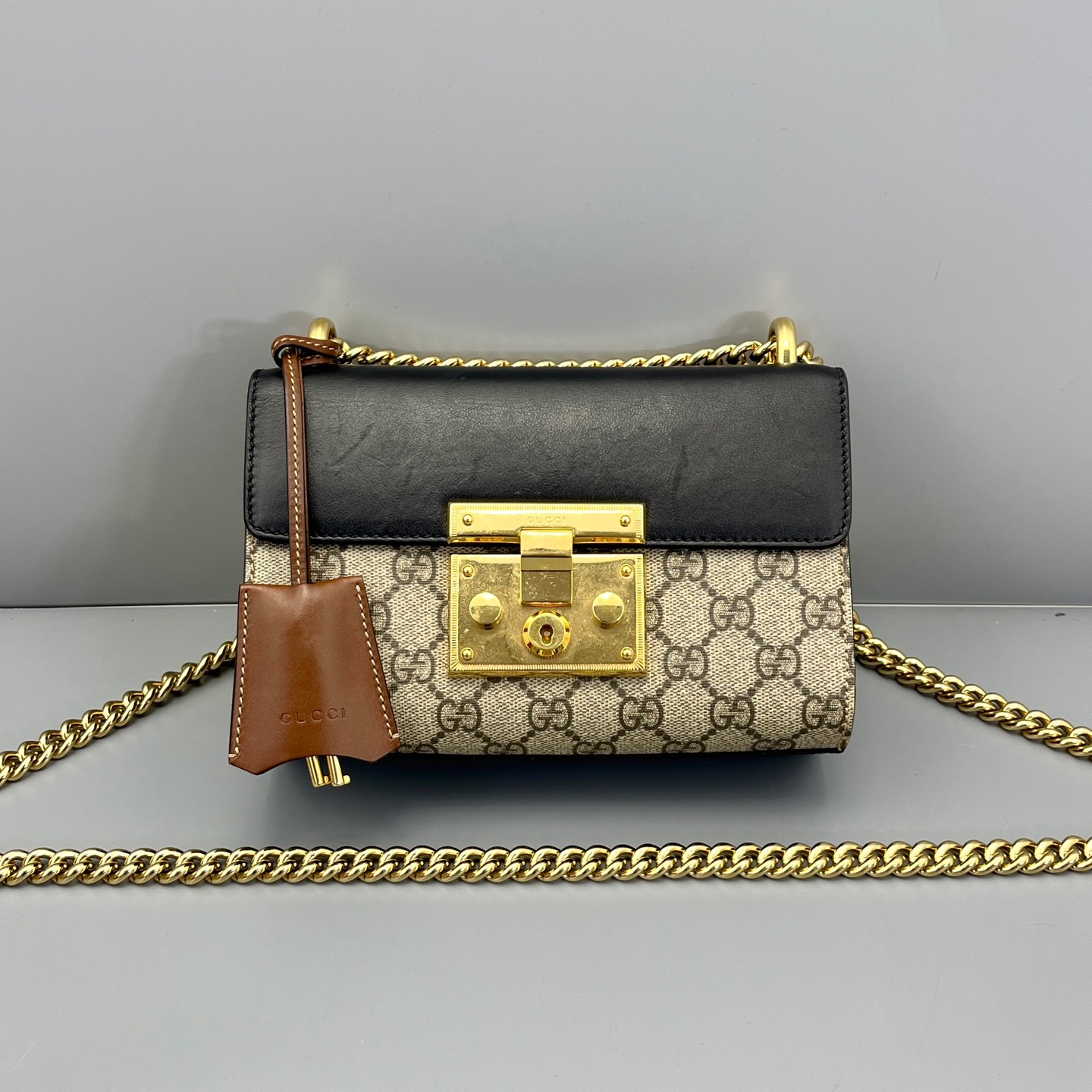 AUTH GUCCI Padlock Small GG Supreme Canvas Black Leather Bag.