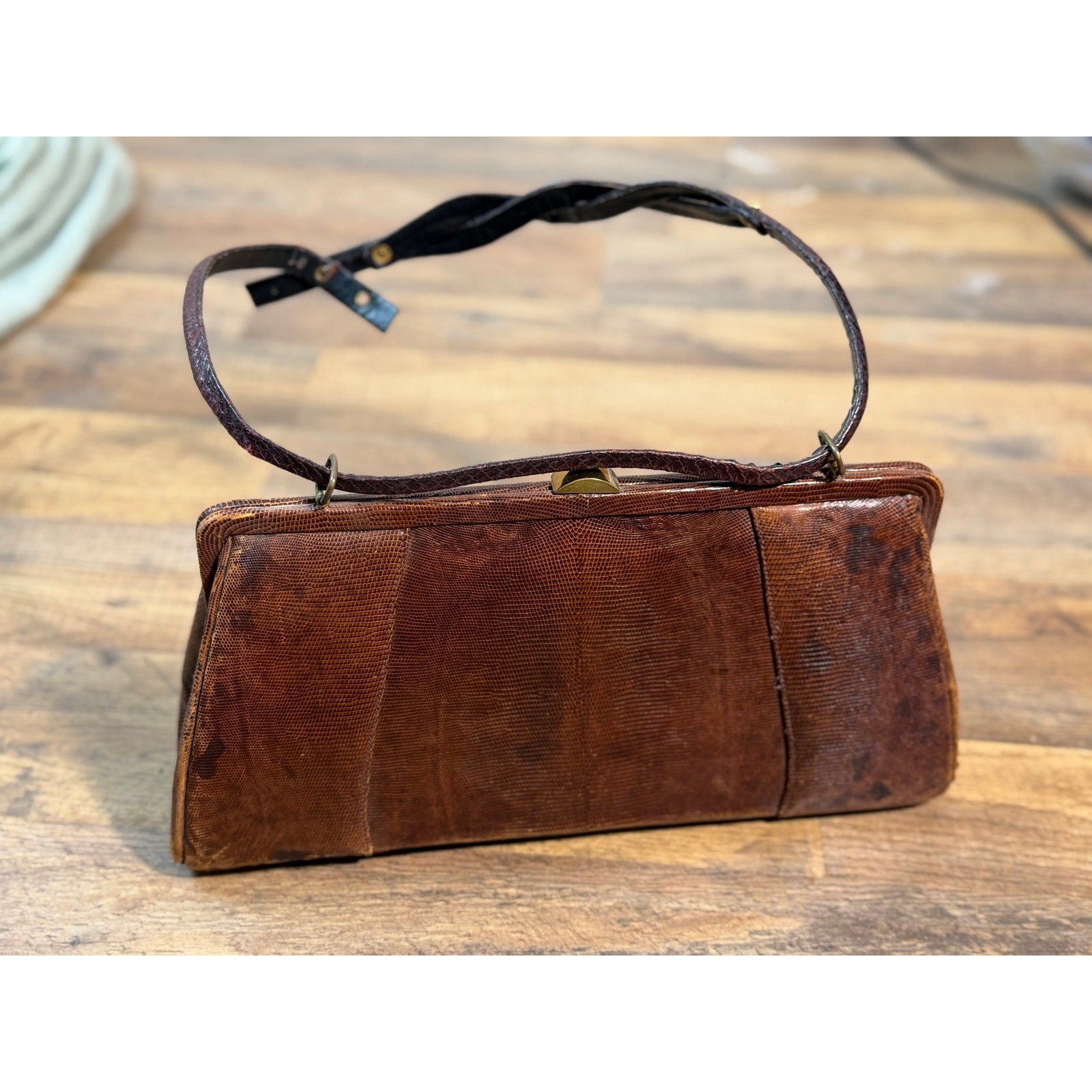 Vintage 1950s Genuine Lizard Skin Handbag Brown Kiss Lock Top Handle Mid Century