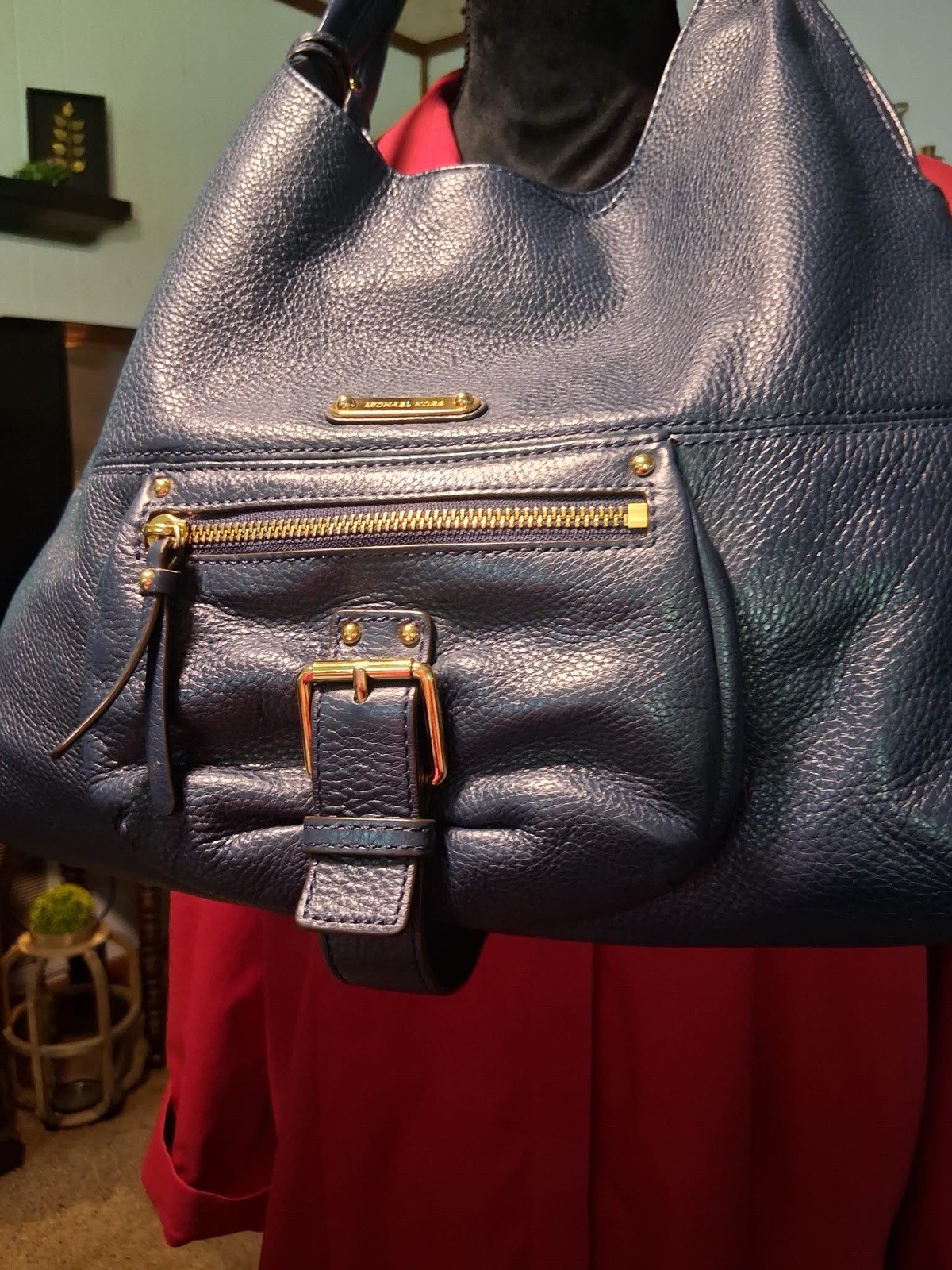 Michael Kors Austin Blue Pebbled Leather Shoulder Bag Lg. Gold Accents W/Charm