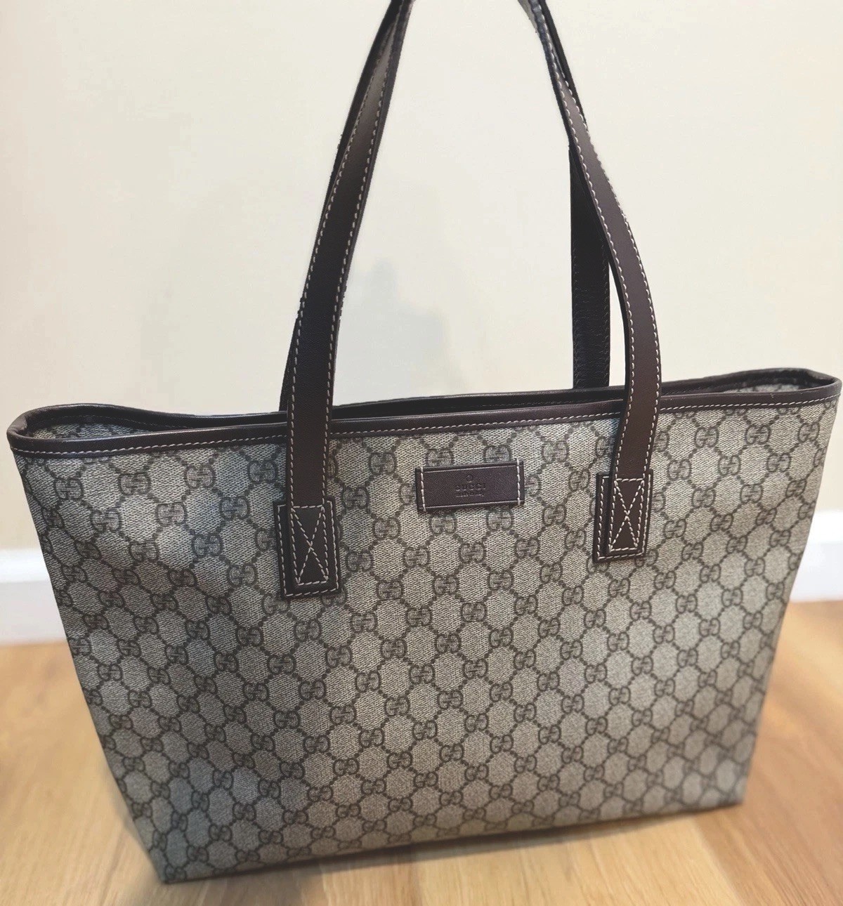 Gucci GG Supreme Tote Bag Large Brown Leather Trim Shopper Shoulder Bag Preowned