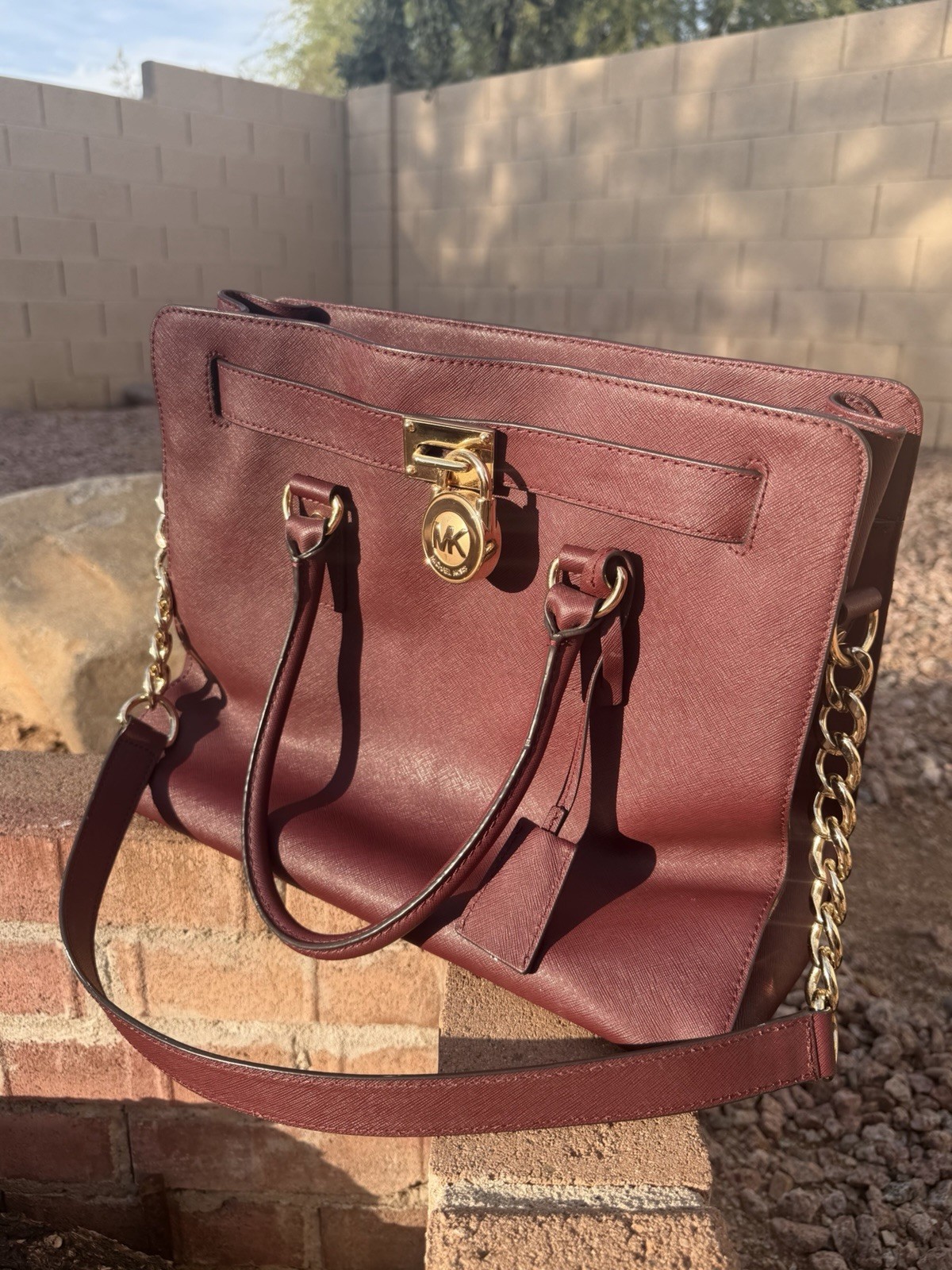 Michael Kors Large Burgundy Satchel Top Handle Padlock Chain Strap Gold Snap