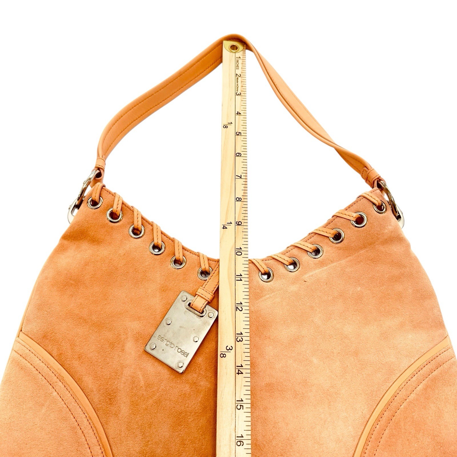 Sergio Rossi Coral Suede Hobo Bag Leather Laced Grommet Shoulder Purse Italy