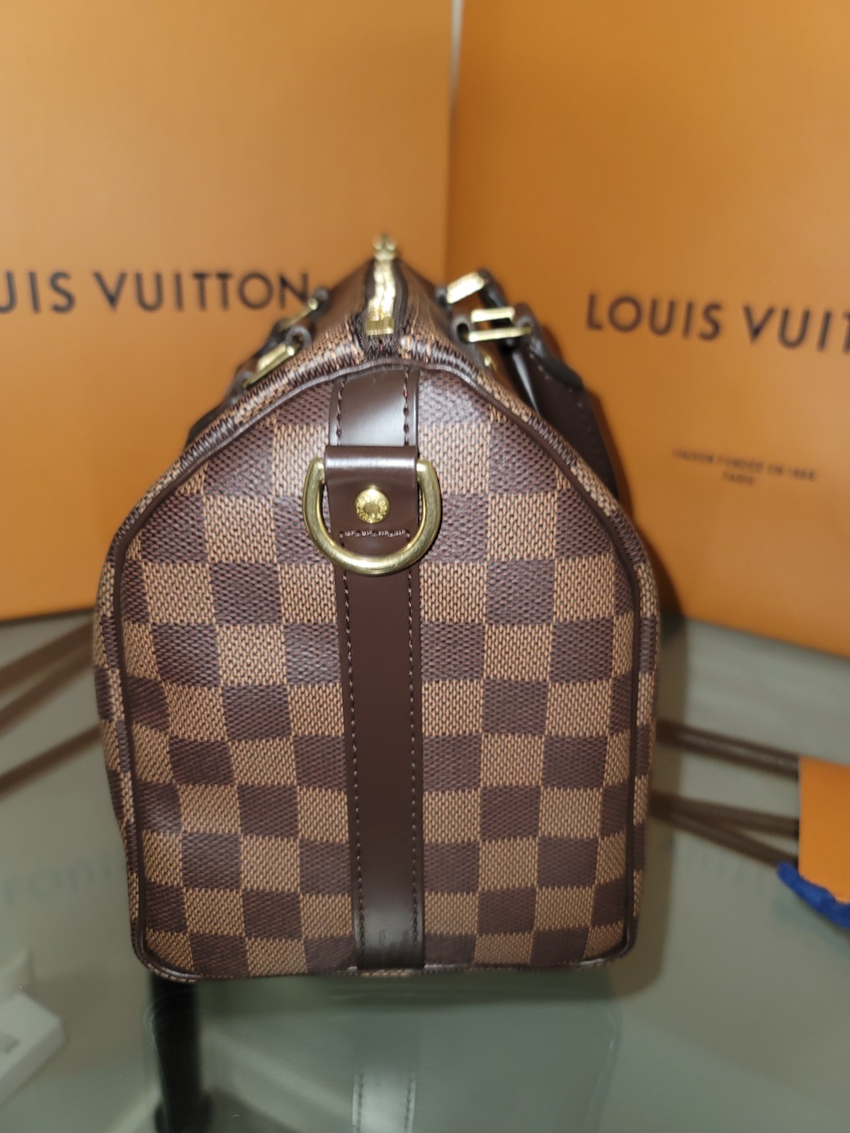 Louis Vuitton Speedy Bandouliere 25 Damier Ebene Brown-Red Interior-Dust Bag
