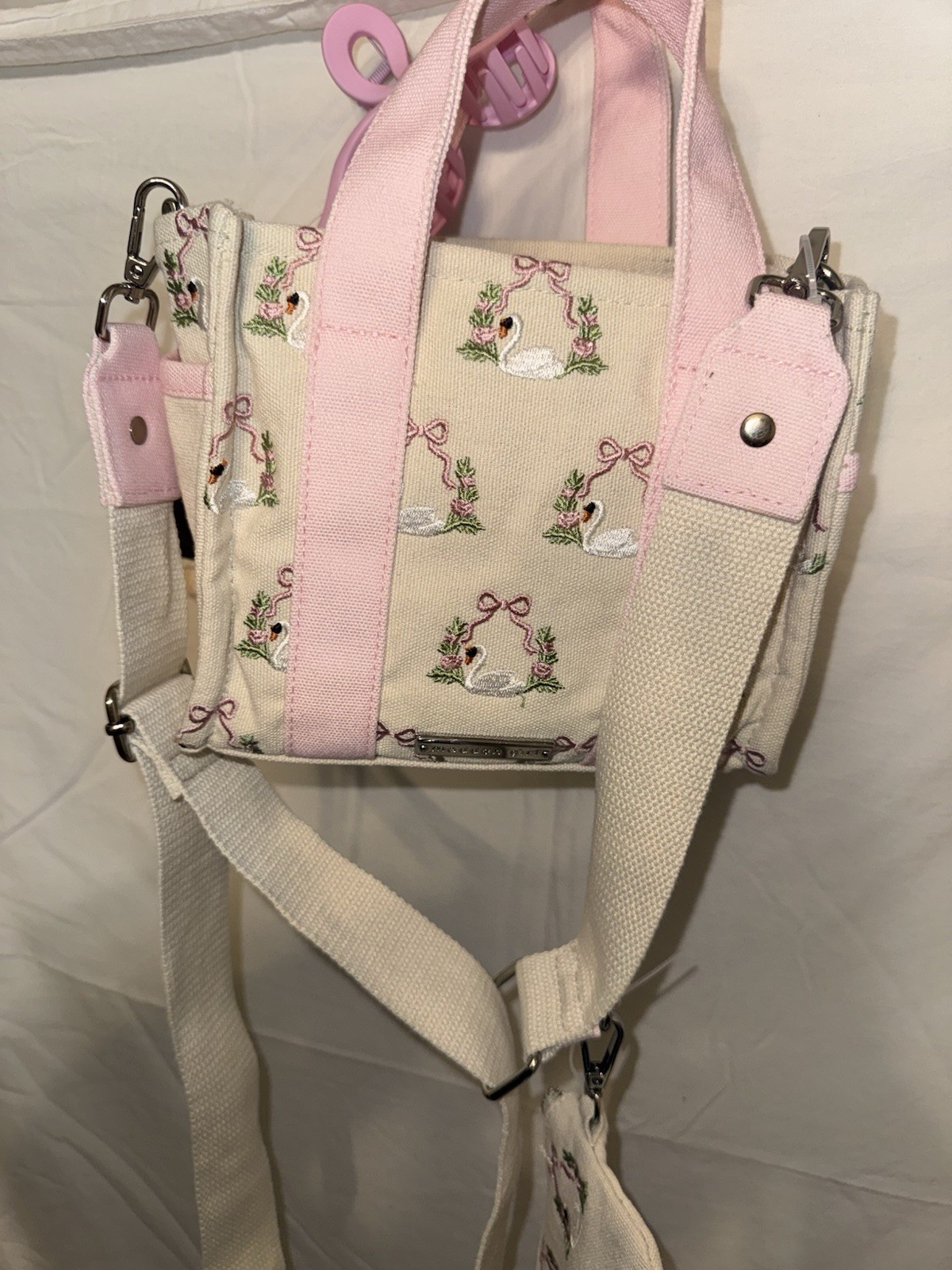 Madden Girl Pink Bow & Swan Canvas Tote Crossbody With Coin Purse