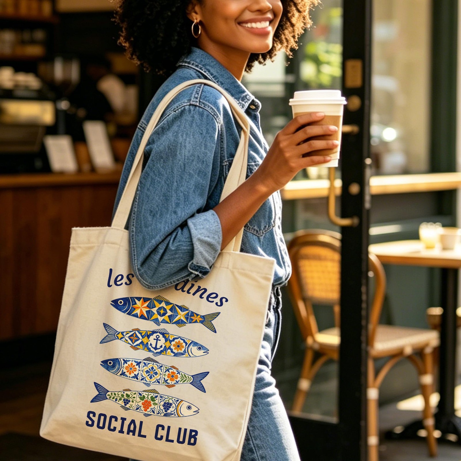 Zallobee Sardines Tote Bag, Coastal Fish Canvas 13.8″ x 15.7″, Beige