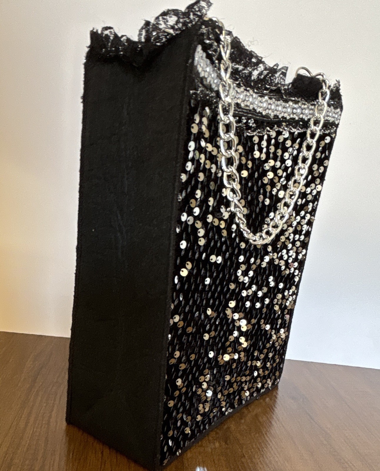 Black Sequin Top Handle Bag w/ Silver Chain Strap, Small Party Formal Purse