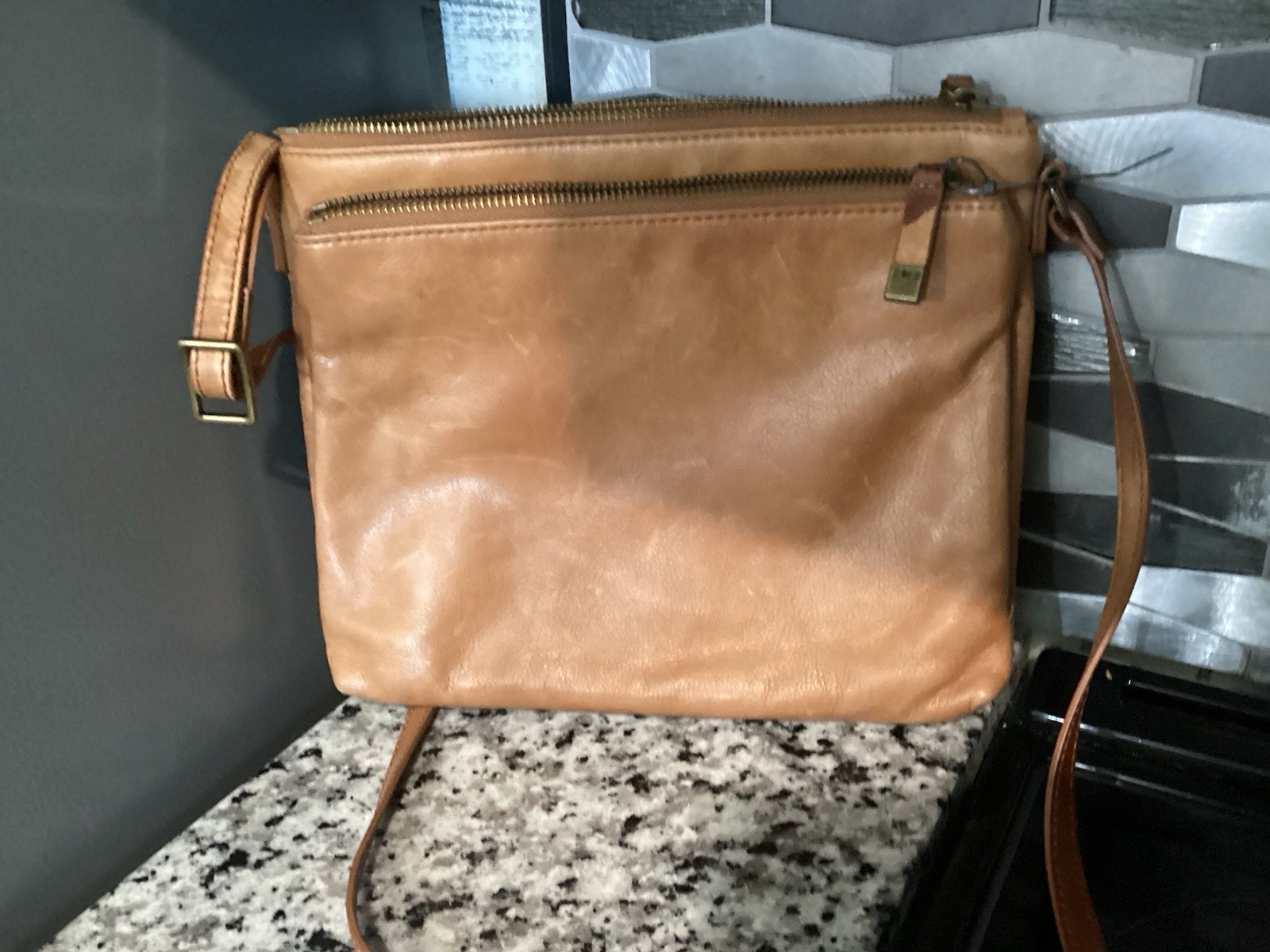 Margot Women’s Tan Solid Crossbody Bag Zip Closure Gold Hardware Medium Straps