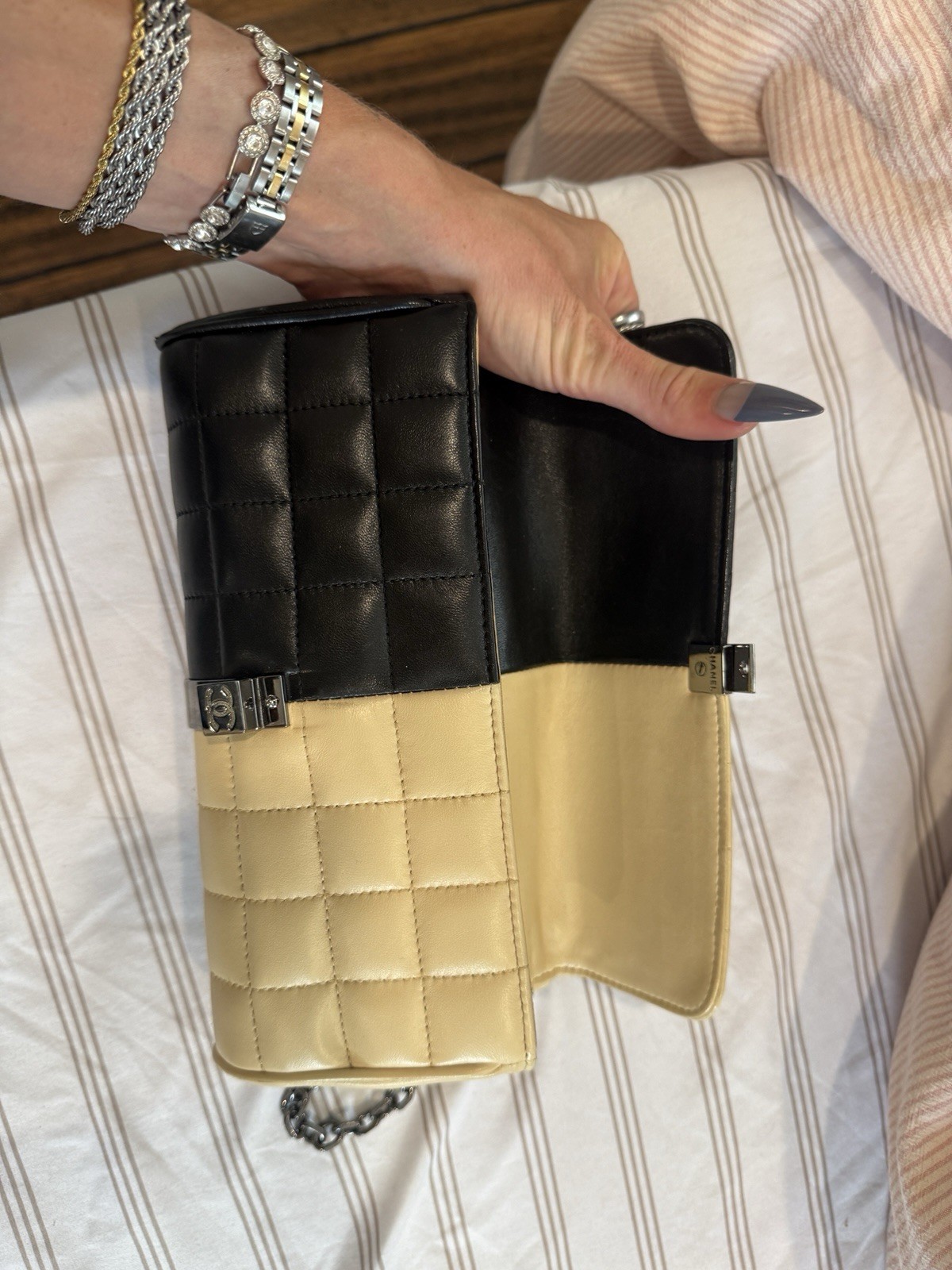 CHANEL Y2K Chcolate Bar Gunmetal CC Turnlock Black and Beige Shoulder Bag RARE