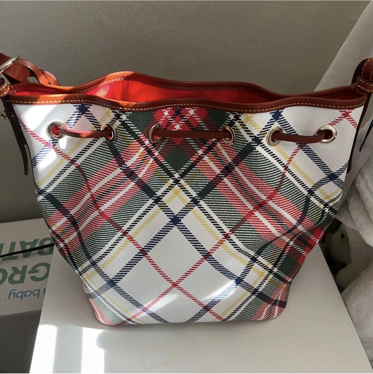 Dooney & Bourke Plaid Bucket Bag Drawstring Tassel Gold Hardware Shoulder Strap
