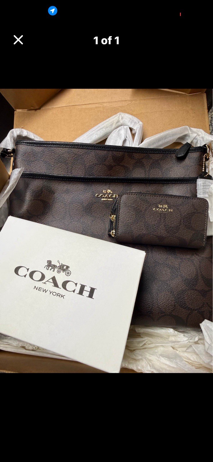Coach Signature C Brown Zip Tote Shoulder Bag w/ Pouch, Medium