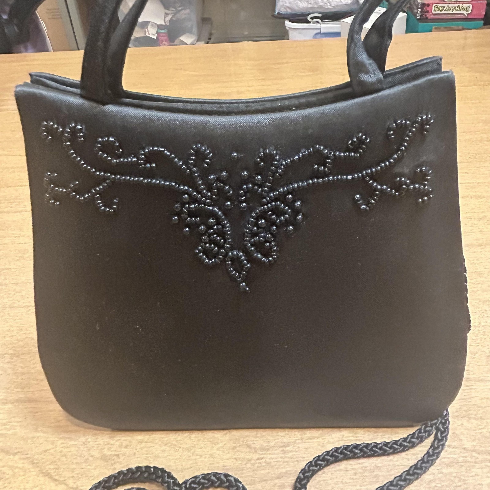 Valerie Stevens Shoulder Bag Womens Small Black Satin Beaded Evening Purse Party