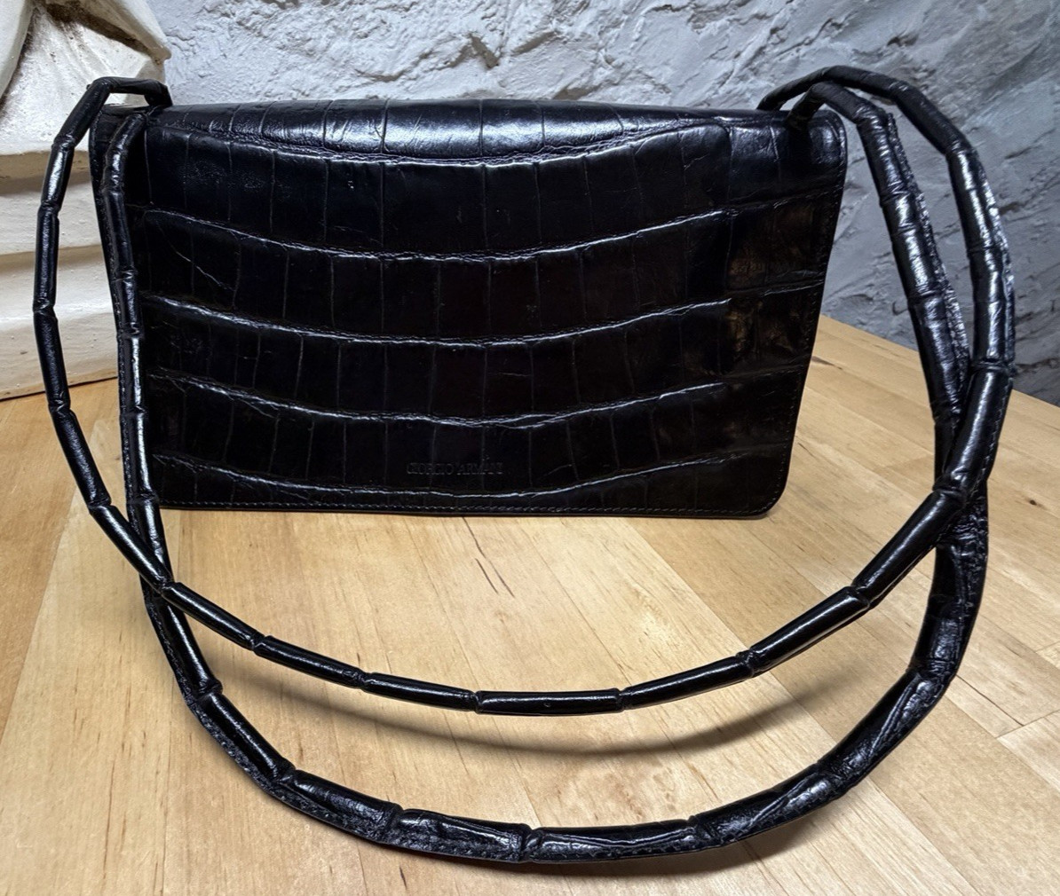 Vintage Giorgio Armani Black Croc Leather Shoulder Bag w/ Matching Mirror Case