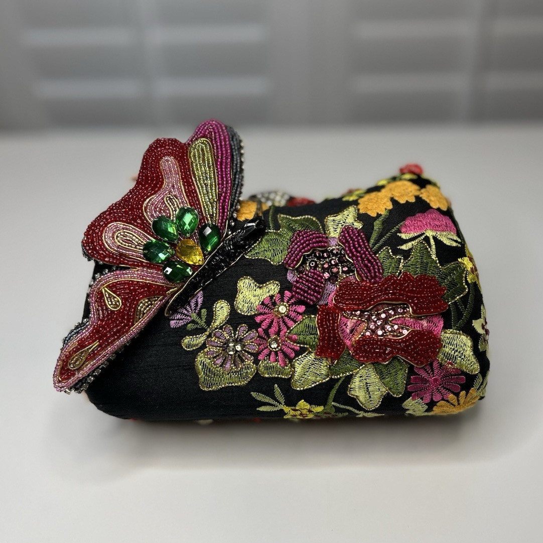 Mary Frances Butterfly Floral Beaded Embroidered Clutch Rhinestones, Chain Strap