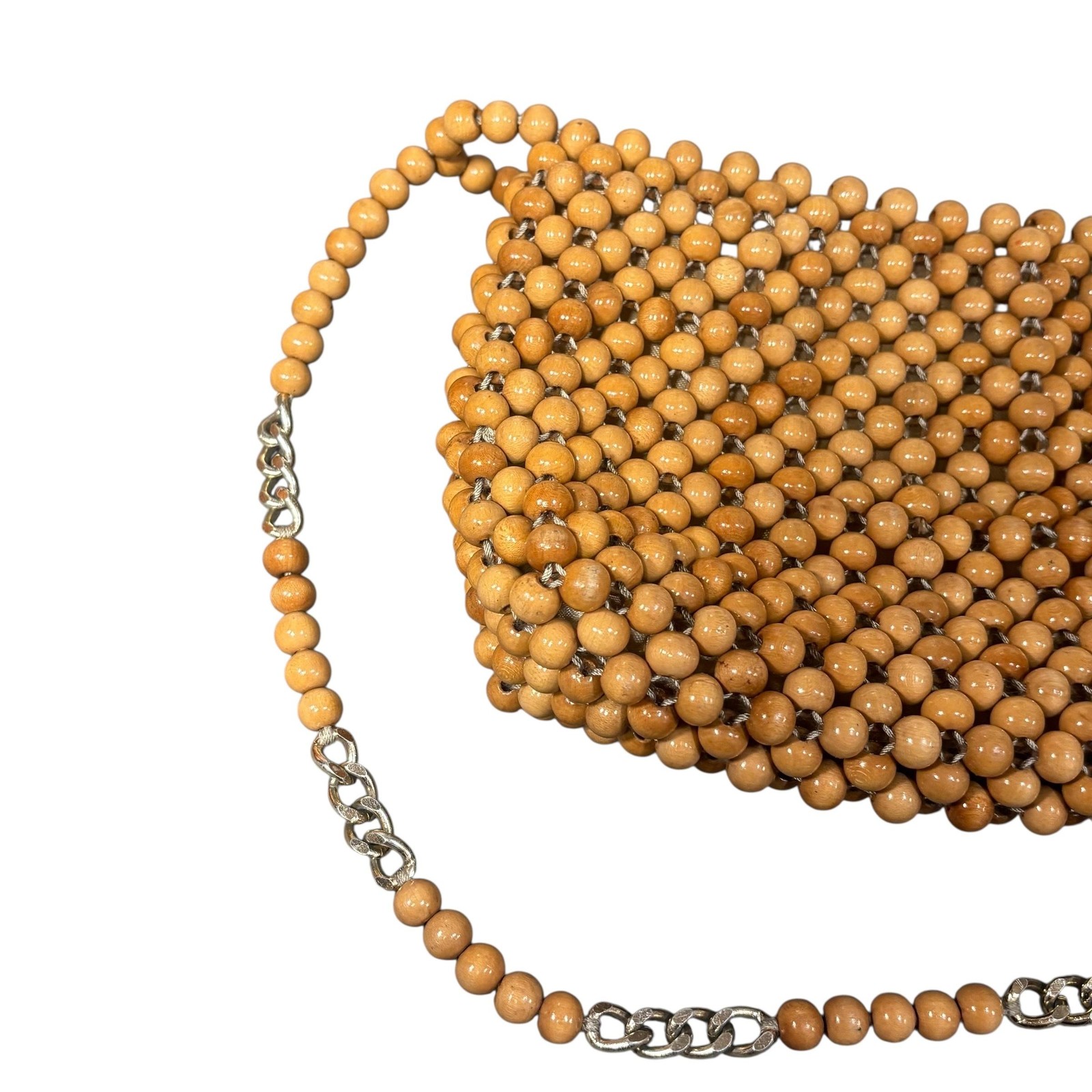 Vintage Japan Beaded Wood Shoulder Bag Womens Purse Chain Strap Boho