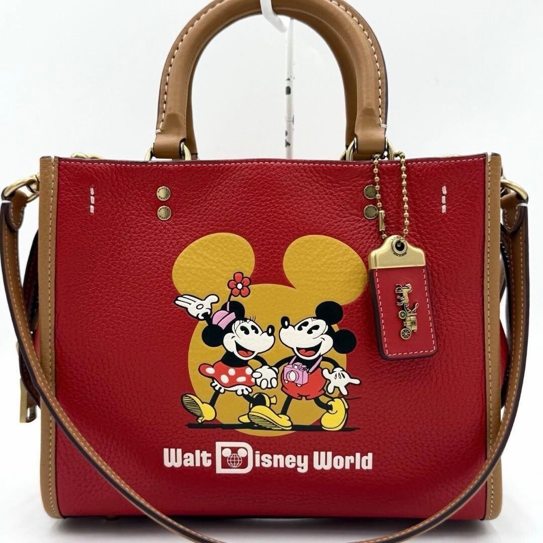 COACH Rogue 25 Disney Mickey Mouse 3-Way Leather Shoulder Bag Red Brown Beige
