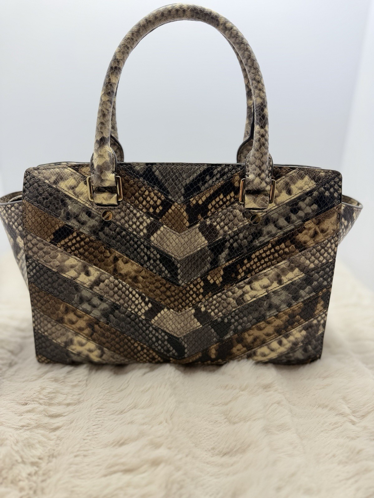 Michael Kors Selma Medium Satchel Python Embossed Leather Brown Chevron Bag