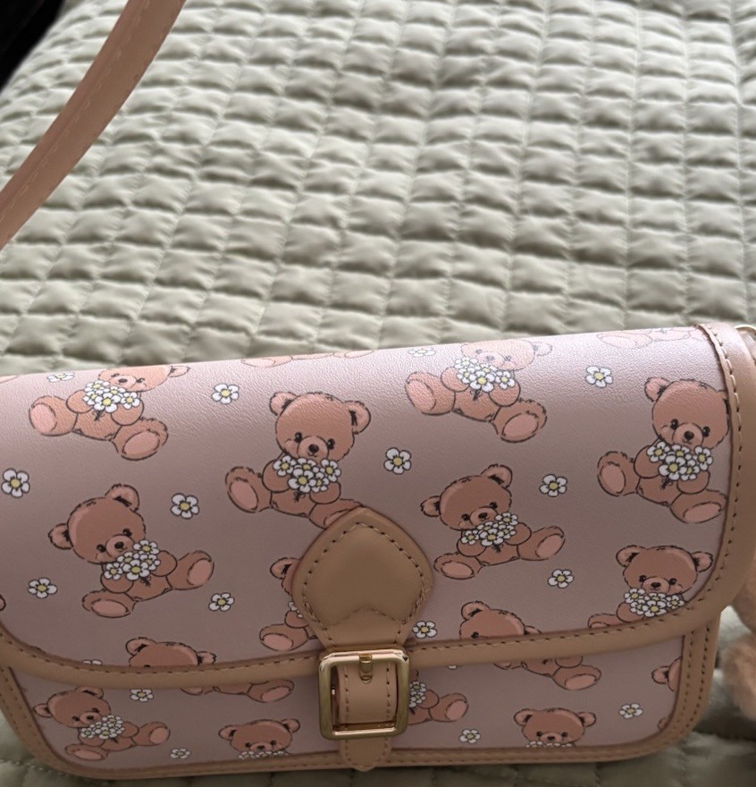 Pink Teddy Bear Print Flap Crossbody Bag Buckle Closure Plush Bear Charm