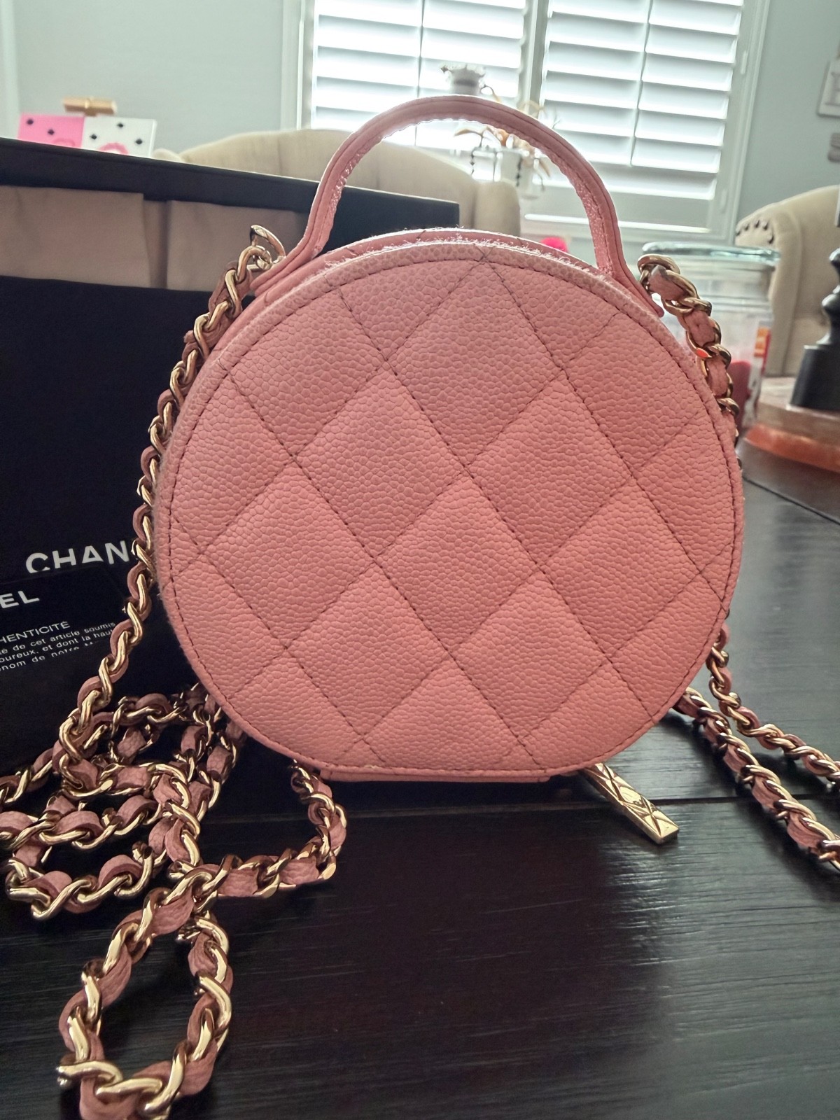 CHANEL Pink Caviar Quilted Round Vanity Case with Chain