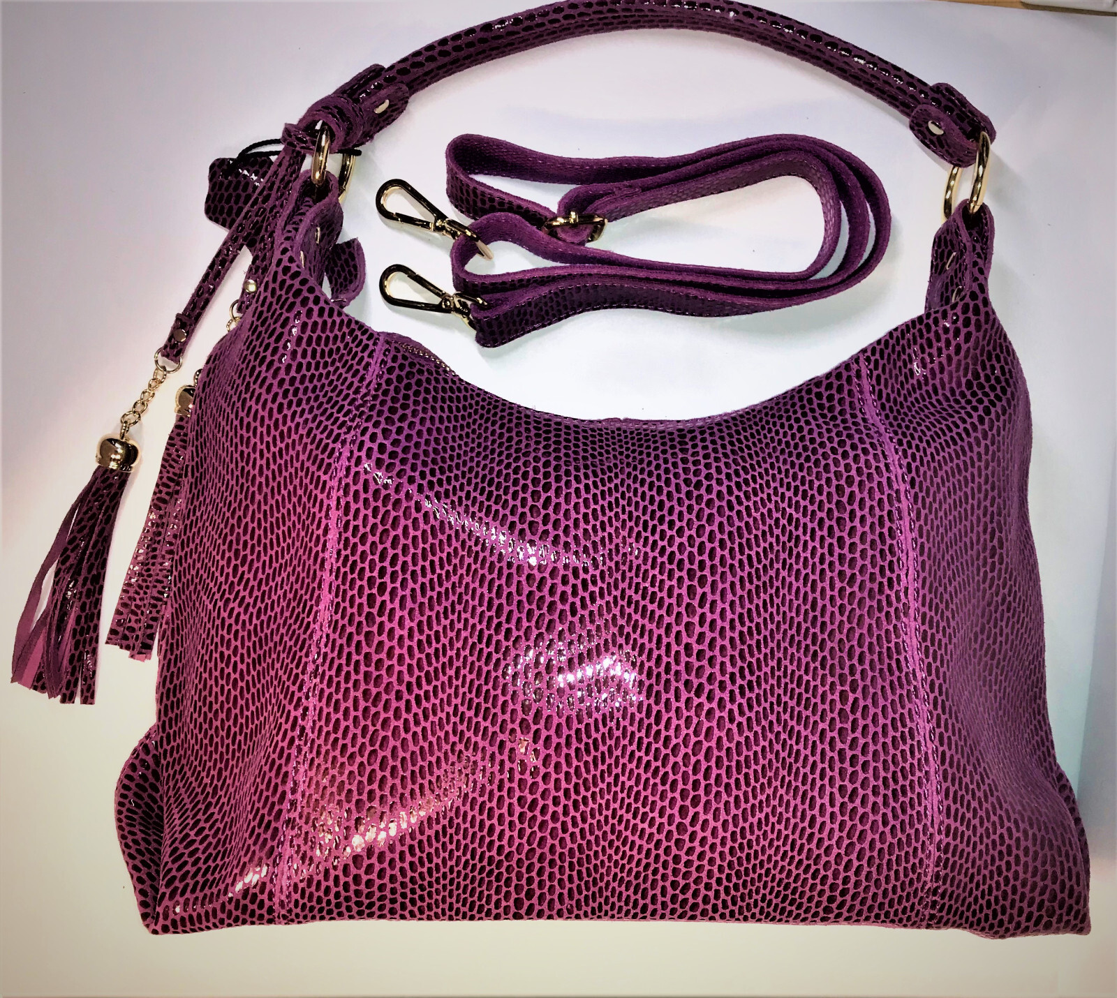 Bright Purple Shiny Soft Leather Shoulder Bag Large New