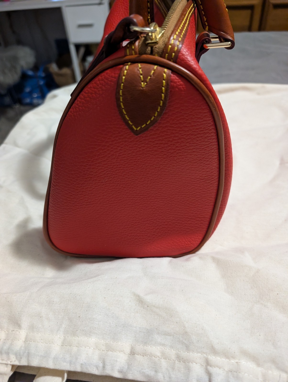 Dooney & Bourke Red Pebbled Zip-Top Satchel Top Handle Bag Brown Trim Dust Bag