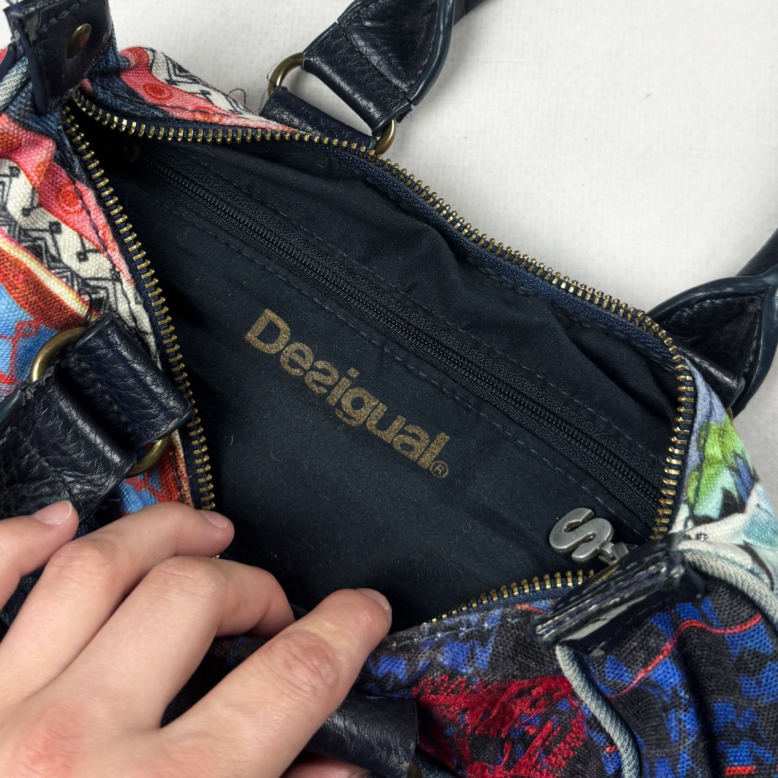 VTG Desigual Y2K Patchwork Denim Floral Multi Pocket Handbag Colorful Boho Bag