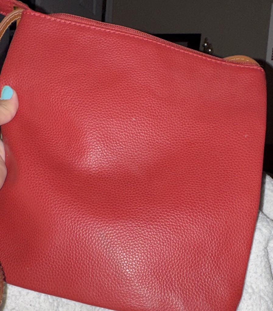Joy Mangano Red Pebbled Crossbody Bag Gold Hardware Zip Pockets Brown Strap