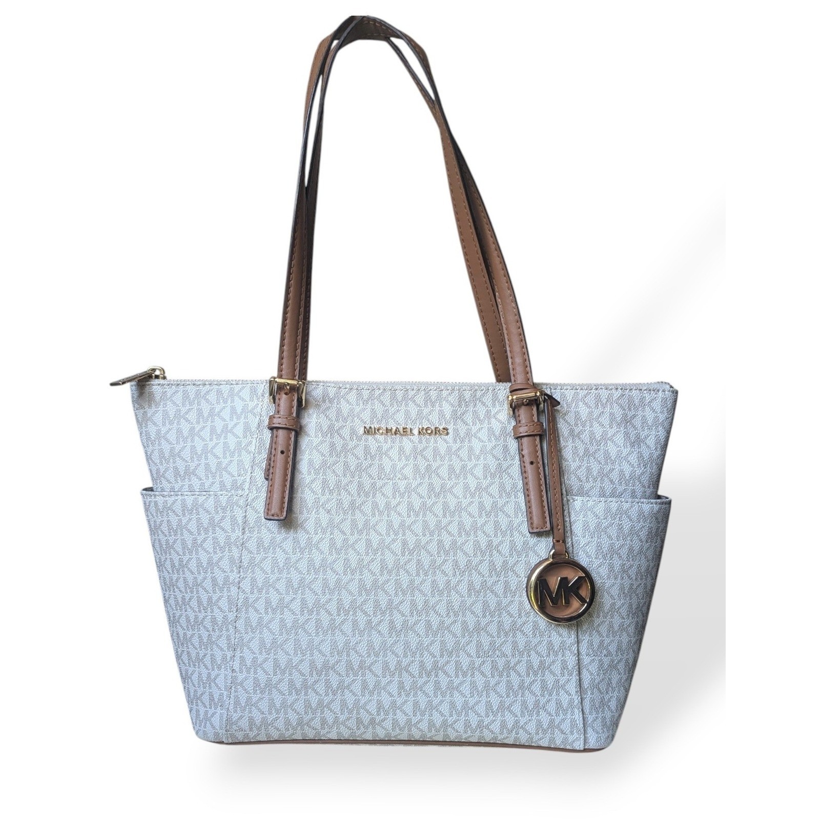 Michael Kors Charlotte Tote Signature Women’s Jetset Vanilla Acorn Golden Logo