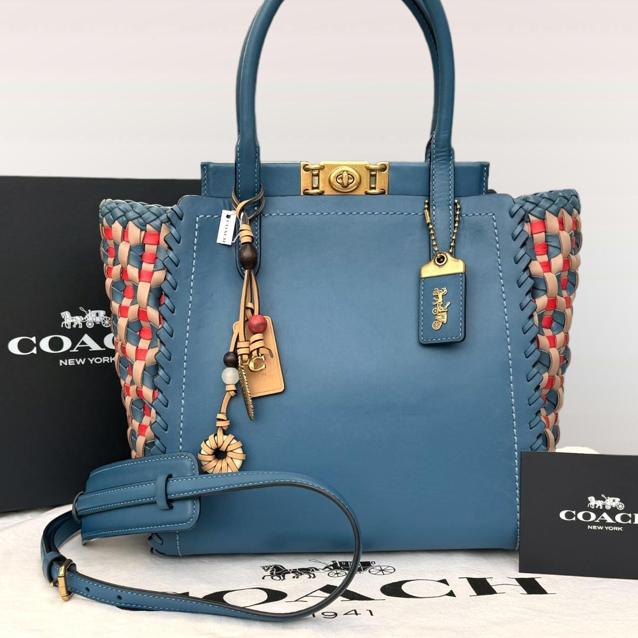 Coach Troupe Tote Weaving Bag Leather Magnetic Zip Blue Lake Handbag Purse New