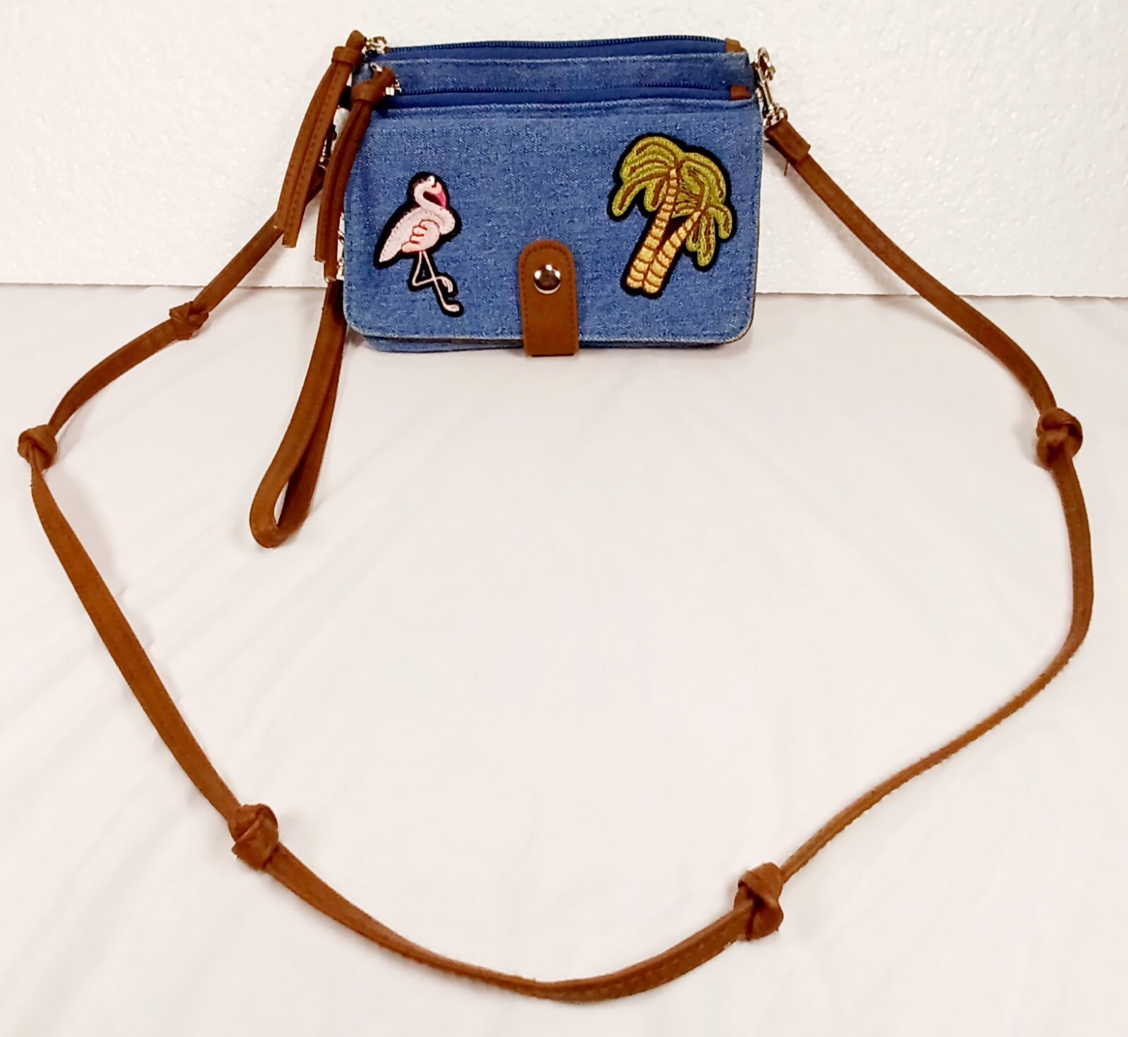 Vintage Flamingo & Palm Trees Denim & Leather Purse Wristlet Bag 7.25″×5.25″