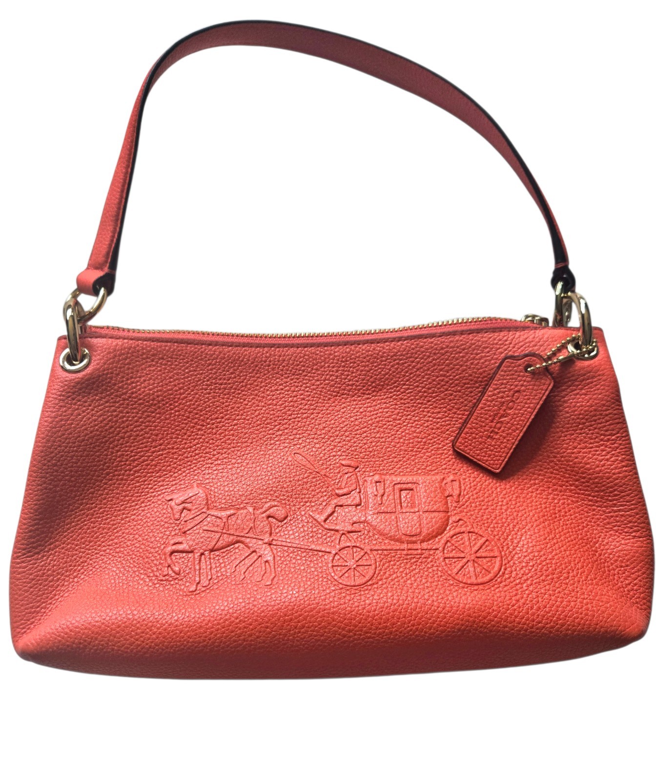 Coach deep Coral Pebble Leather Shoulder Bag Embossed Horse Carriage Rare