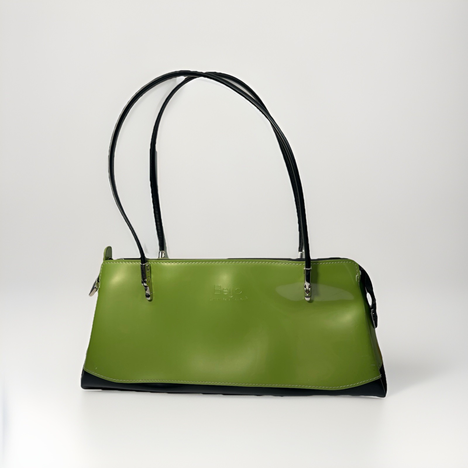 Beijo Lime Green Patent Leather Shoulder Bag Vtg 90s Retro Artsy Y2K Grunge