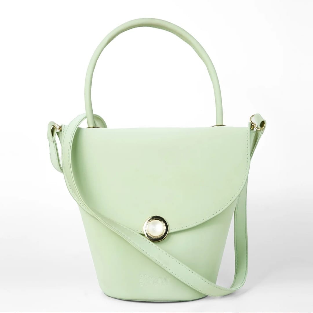 Mint Green Faux Leather Crossbody Bag Handmade Bucket Tote Handbag with Top Hand