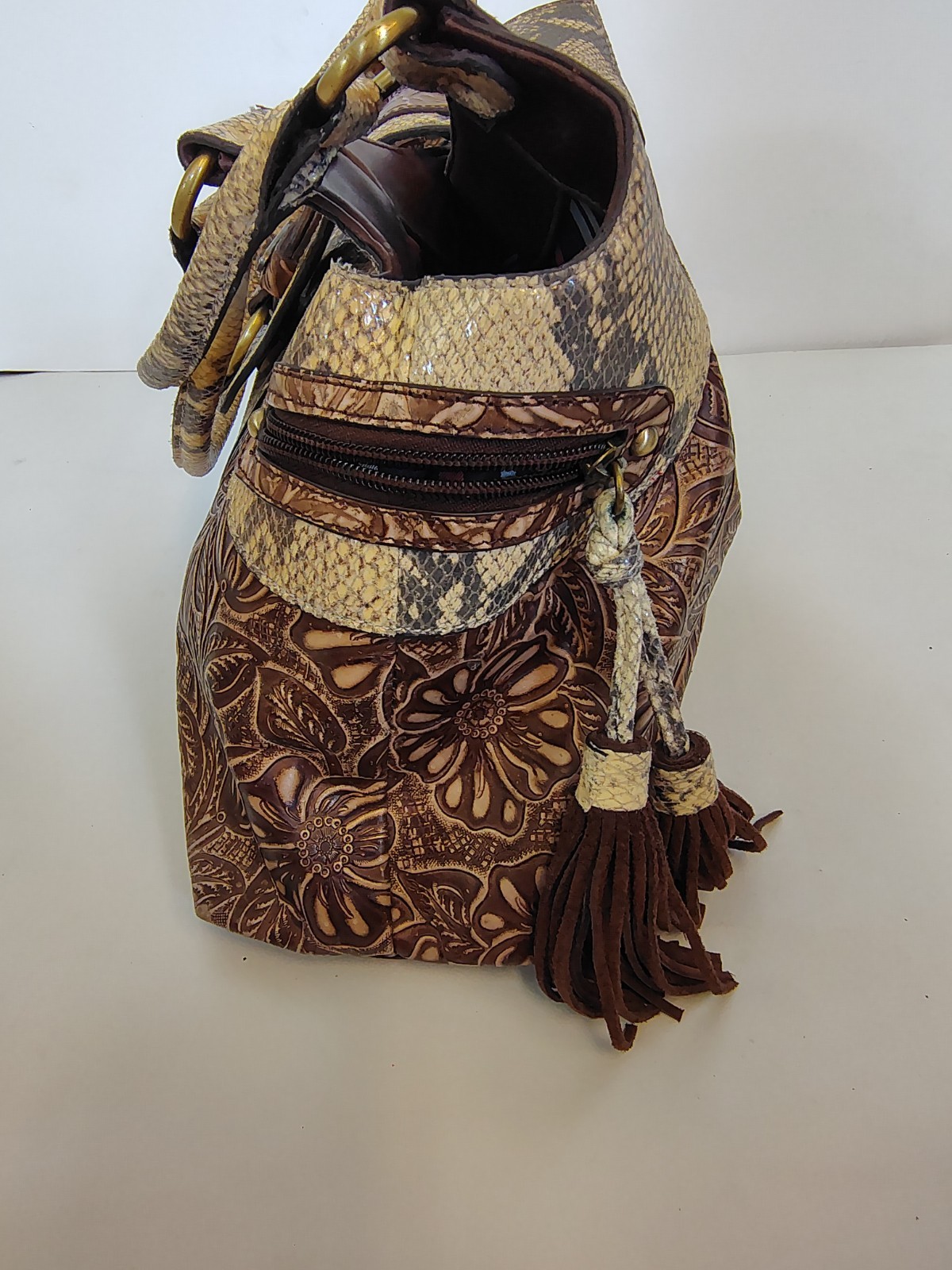SHARIF Large Original 1827 Leather & Snakeskin Embossed Floral Satchel Purse