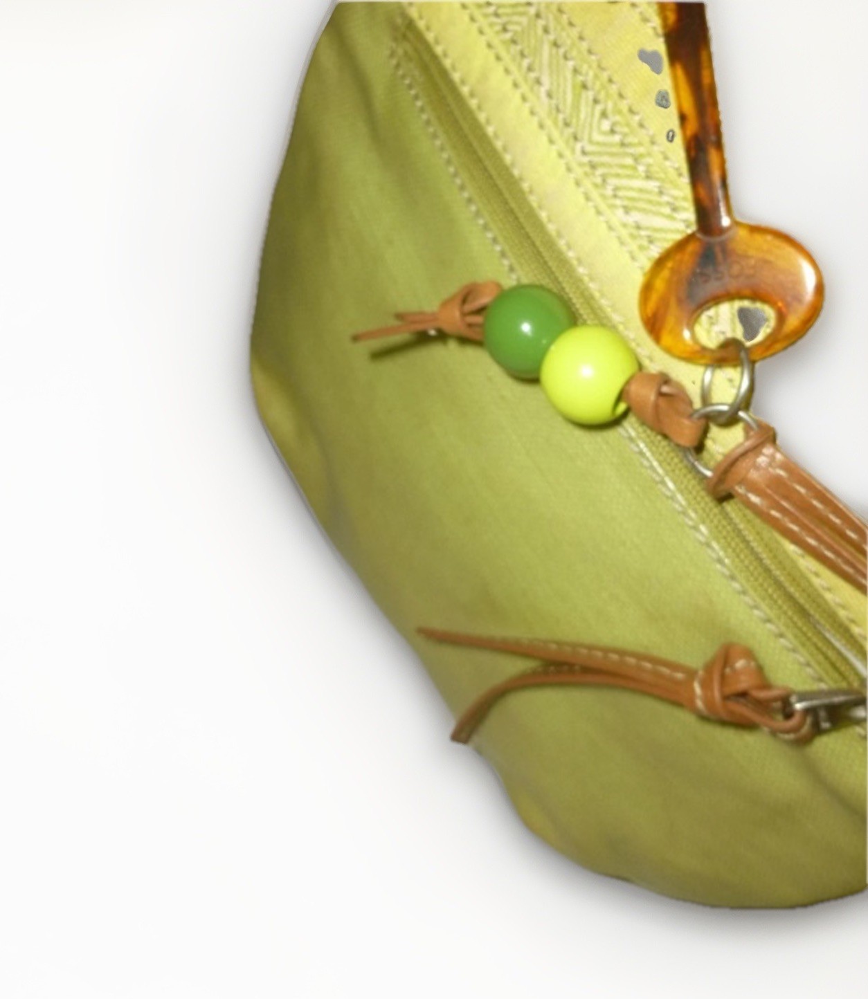 Fossil Key-Per Crossbody Bag Lime Green Coated Canvas Floral Trim Boho Bag