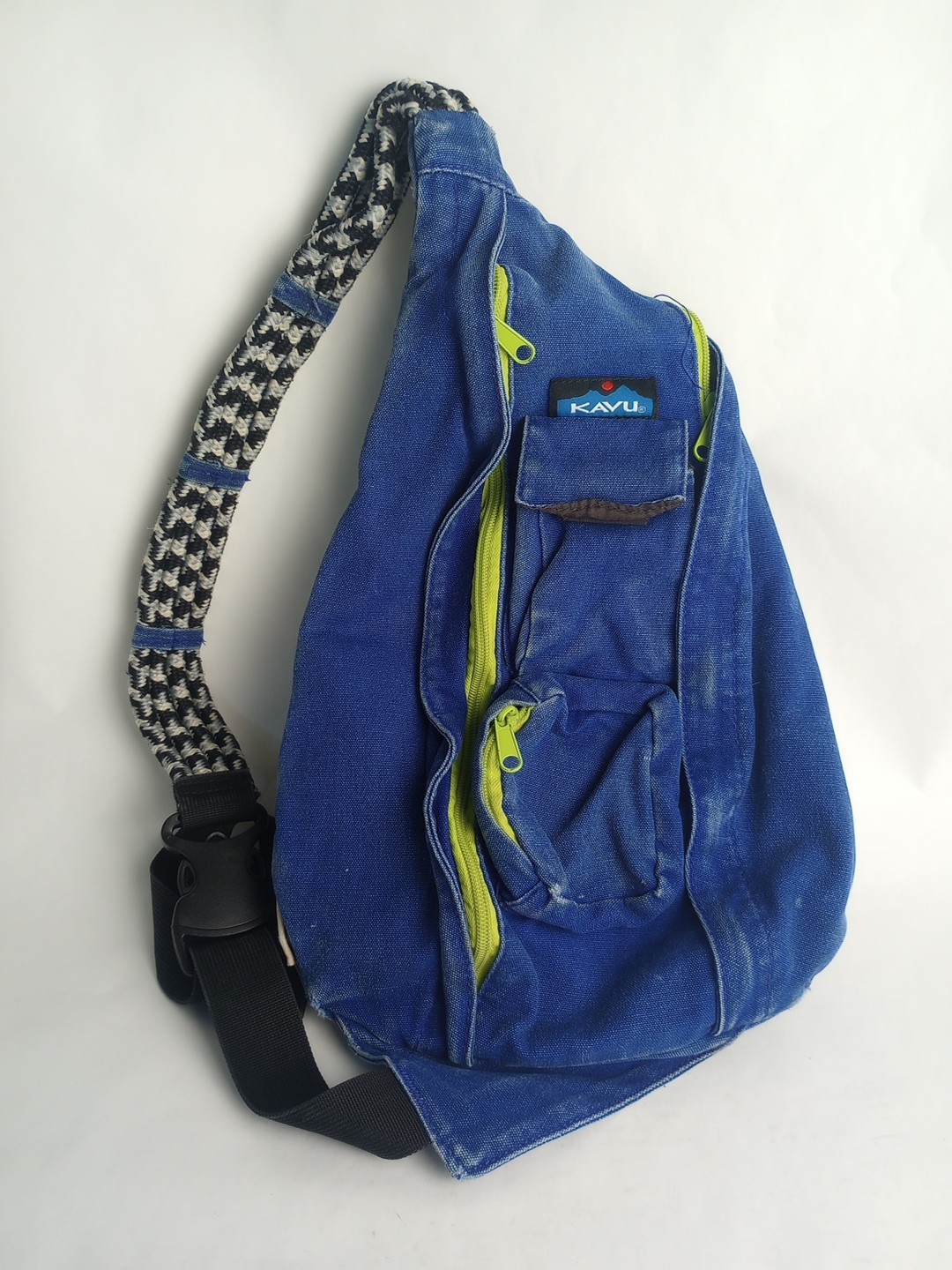 KAVU Sling Crossbody Rope Bag, Blue Neon Zippers,100% Cotton Distressed
