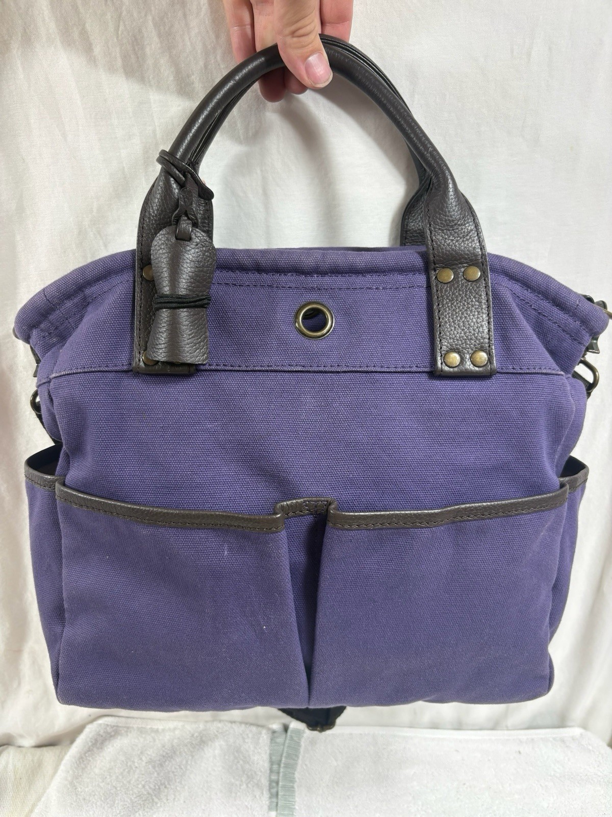 Levenger Bloomsbury Canvas & Leather Tote Bag Purple Crossbody Bookbag 6-Pocket