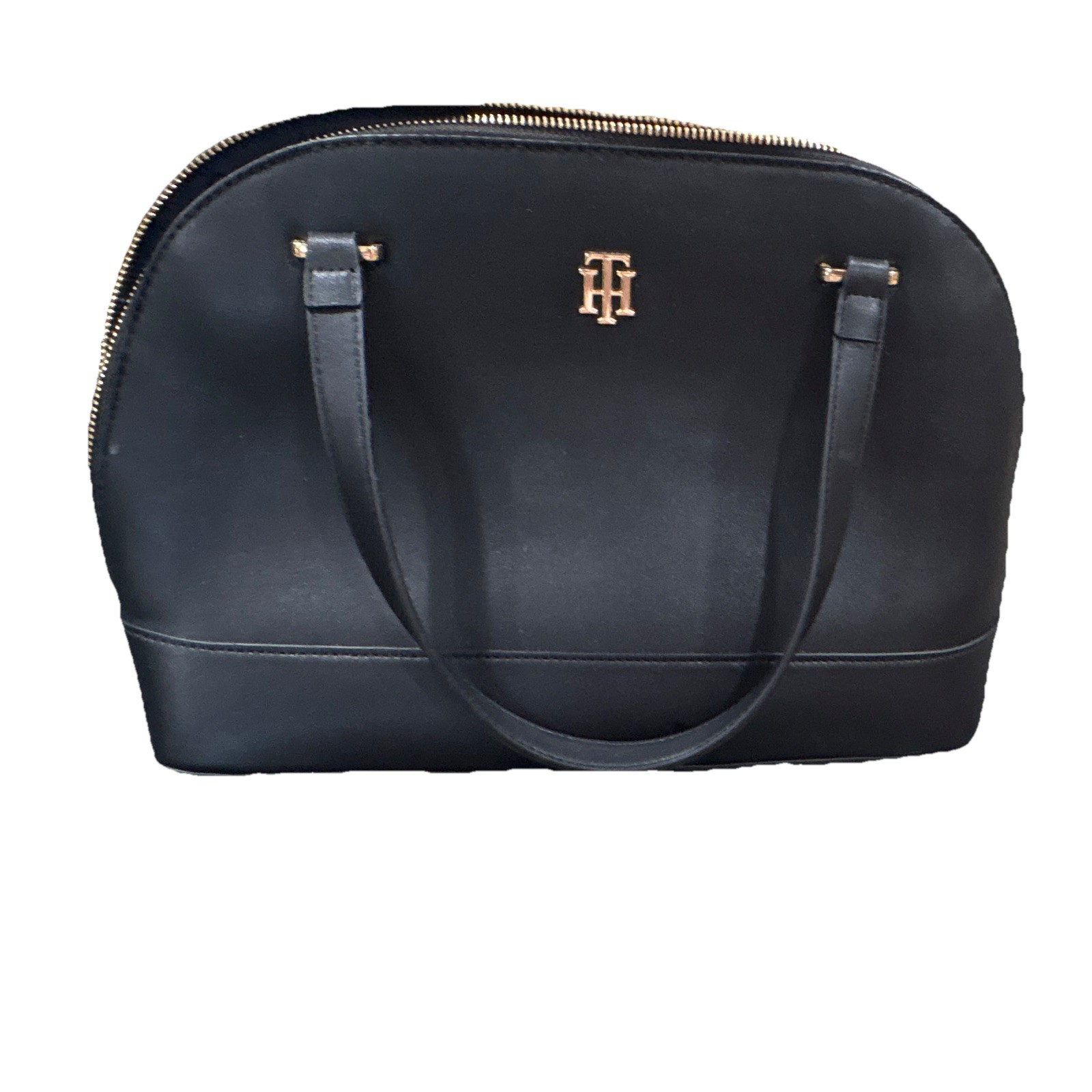 Tommy Hilfiger Black Satchel Top Handle Bag Gold Hardware Zip Closure Pockets