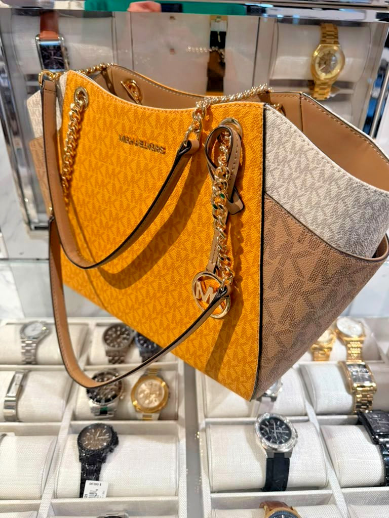 Michael Kors Large Color Block Logo Chain Tote Bag Honeywheat Women MK Handbag