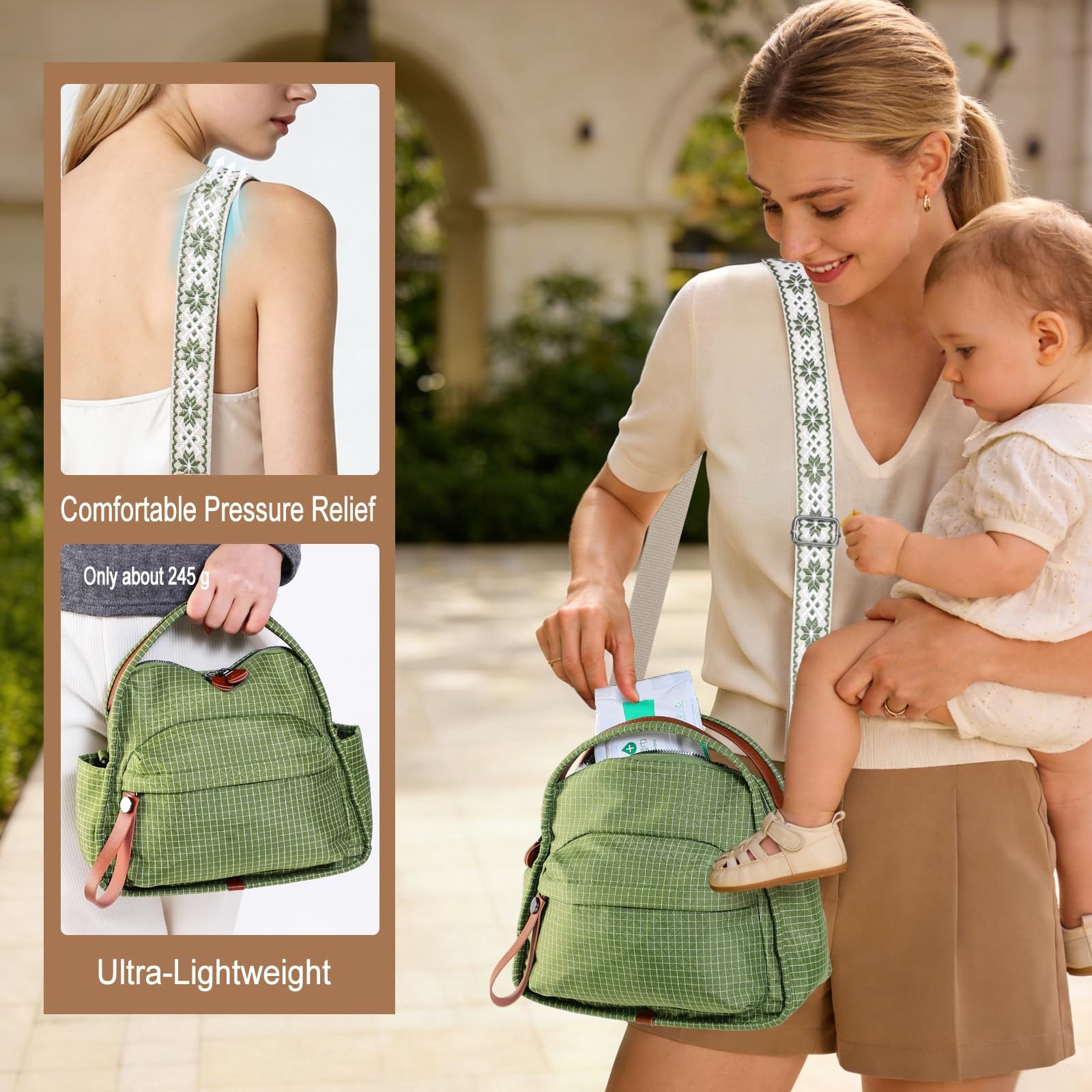 Plaid Green Nylon Versatile Crossbody Shoulder Bag, Water-Resistant & Organized