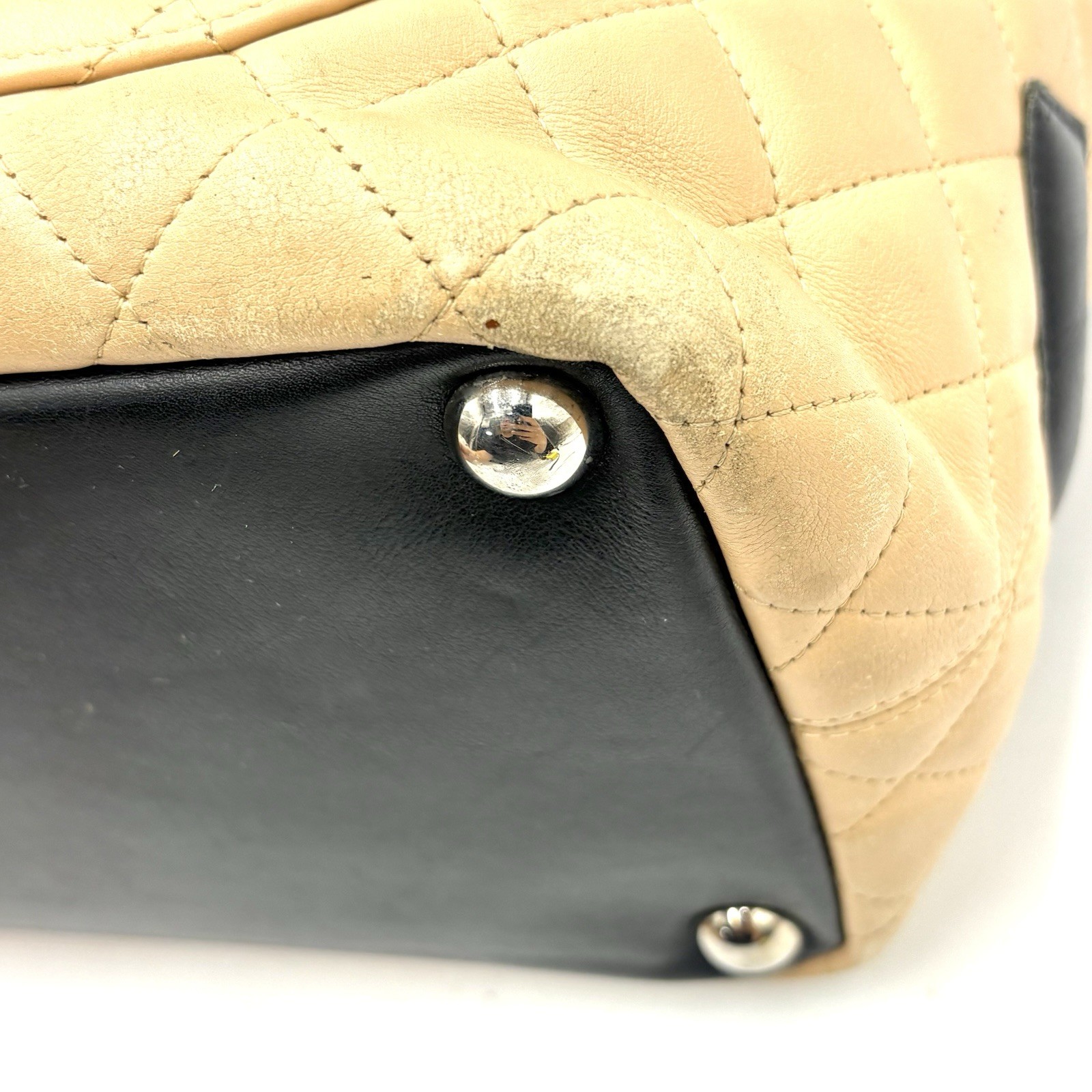 Auth CHANEL Cambon Line Large Tote Bag Beige Black Serial Sticker 2Y8885