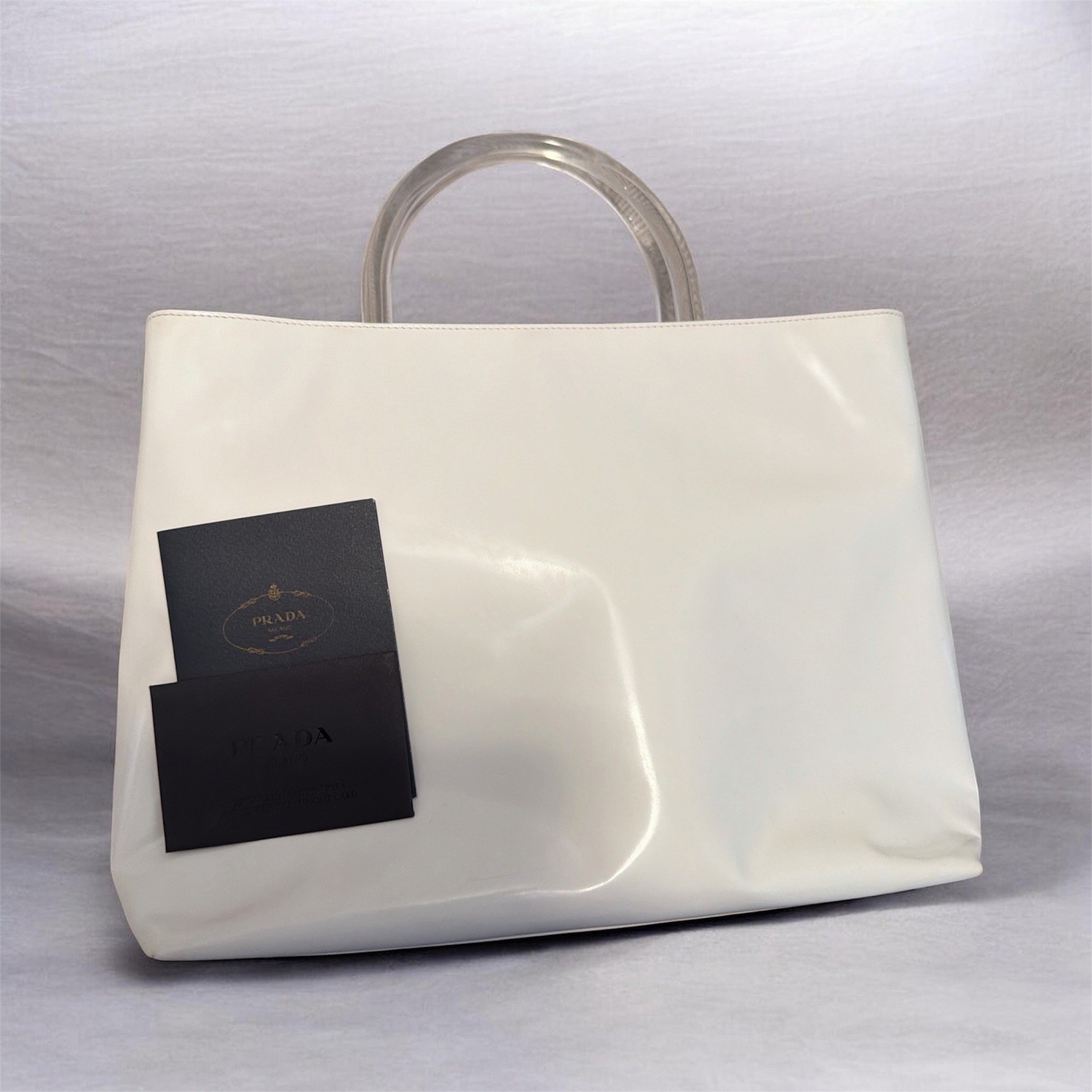 PRADA White Patent Leather with Acrylic Handles Tote Bag Authentic