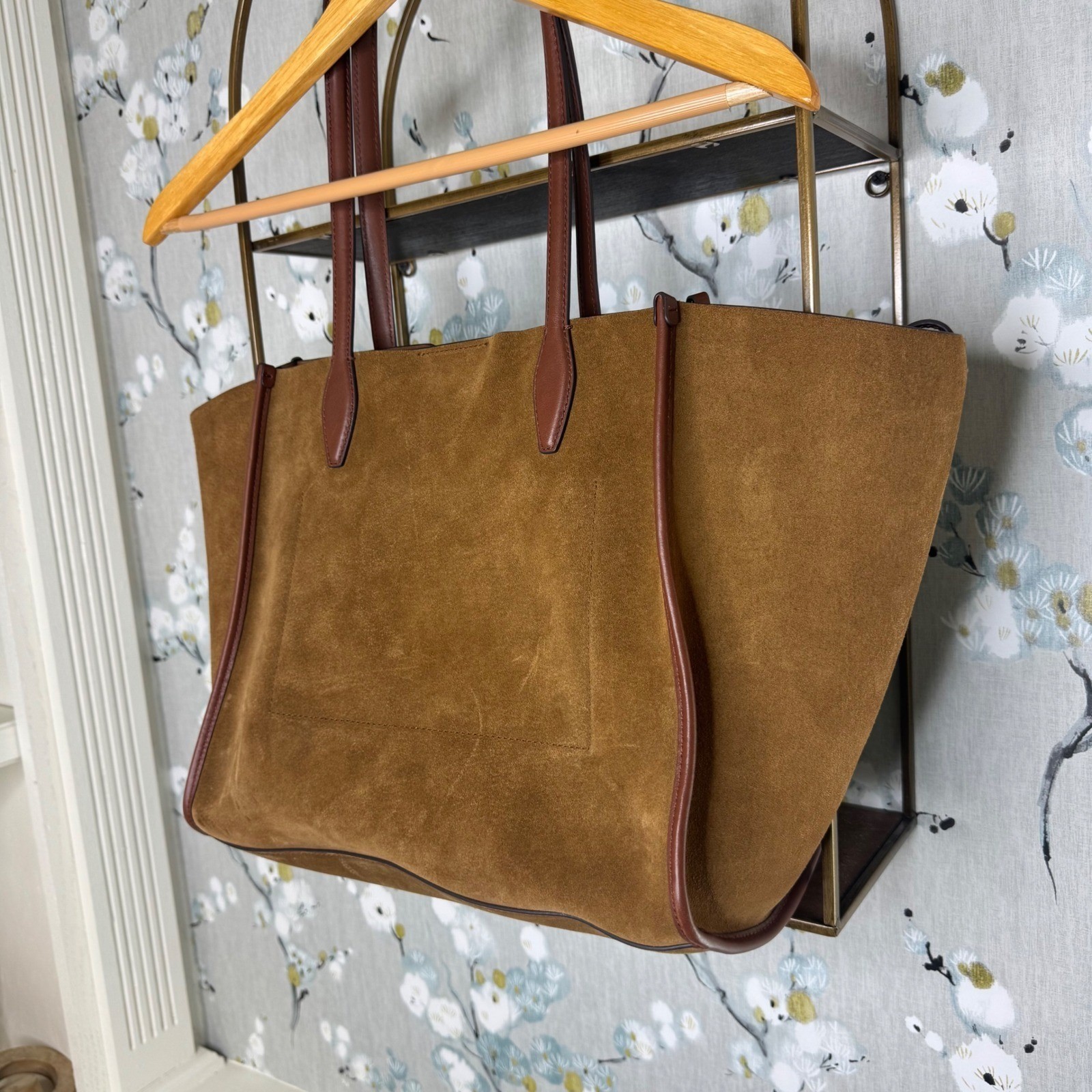 Madewell Sydney Tote Bag Brown Suede Leather Trim Large Winged Carryall