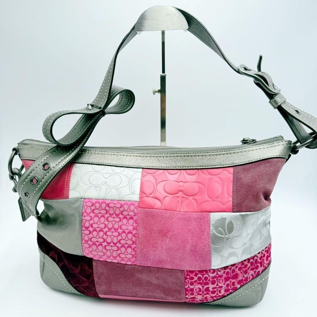 Coach Signature Patchwork Shoulder Bag Pink Leather Canvas Suede Y2K 42cm 80cm