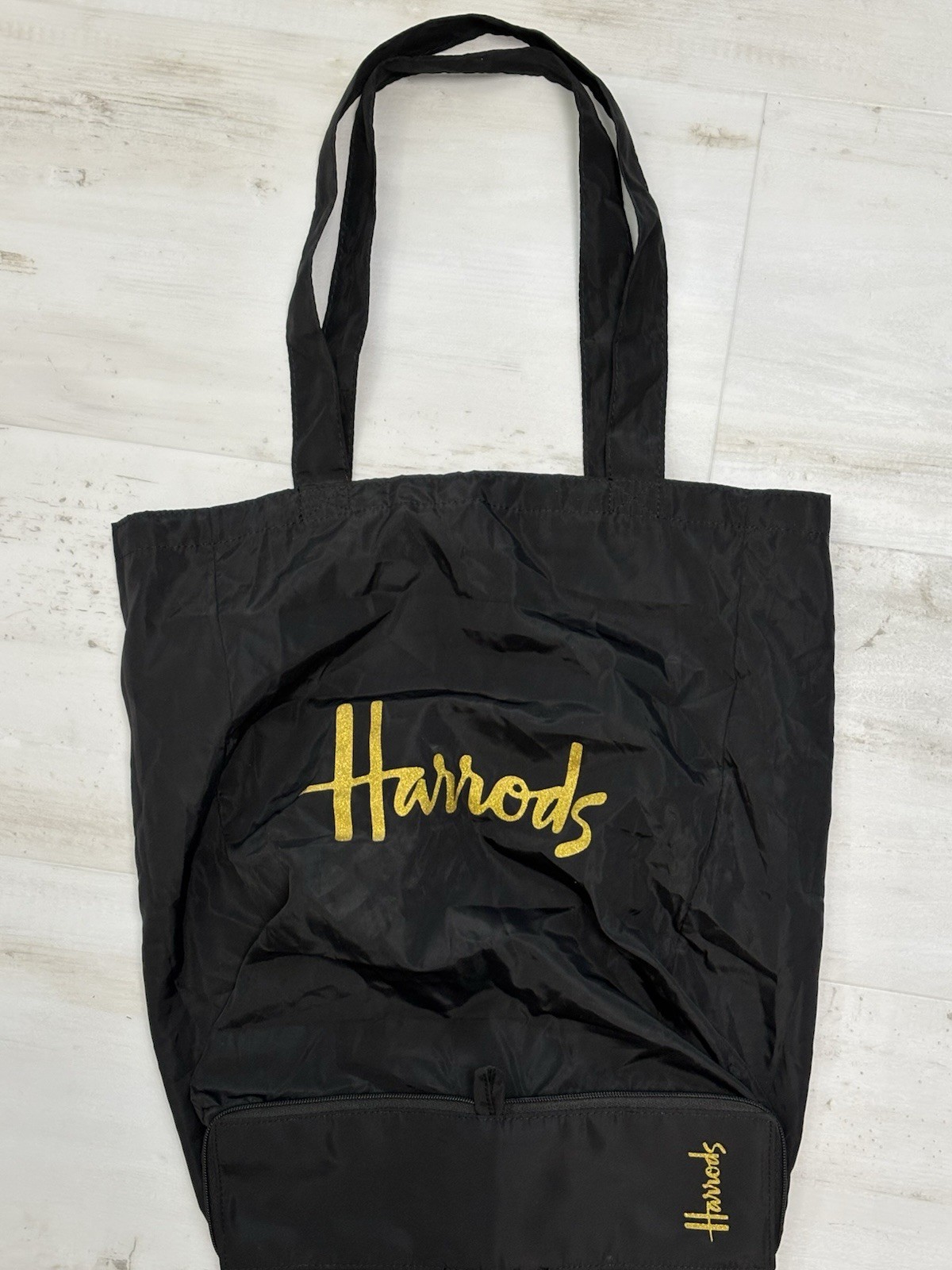 Harrods Shopping Bag Tote Gold Logo Packable Travel VGC