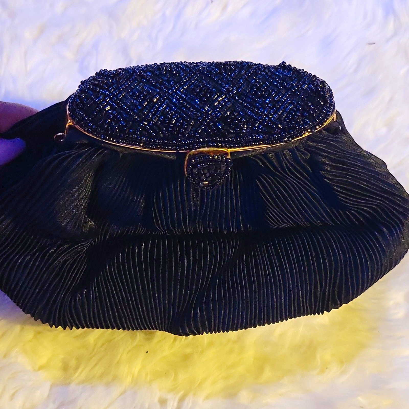 Le Regale Black Beaded Clutch Evening Bag Gold Hardware Clasp Lined