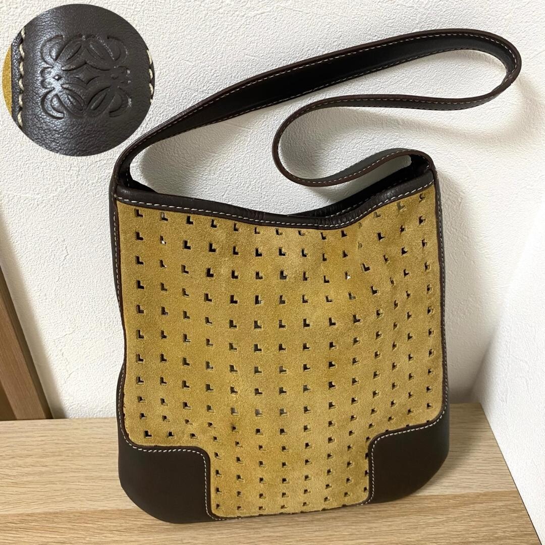 Loewe Anagram Perforated Suede Leather Shoulder Bag Beige Brown Spain from Japan