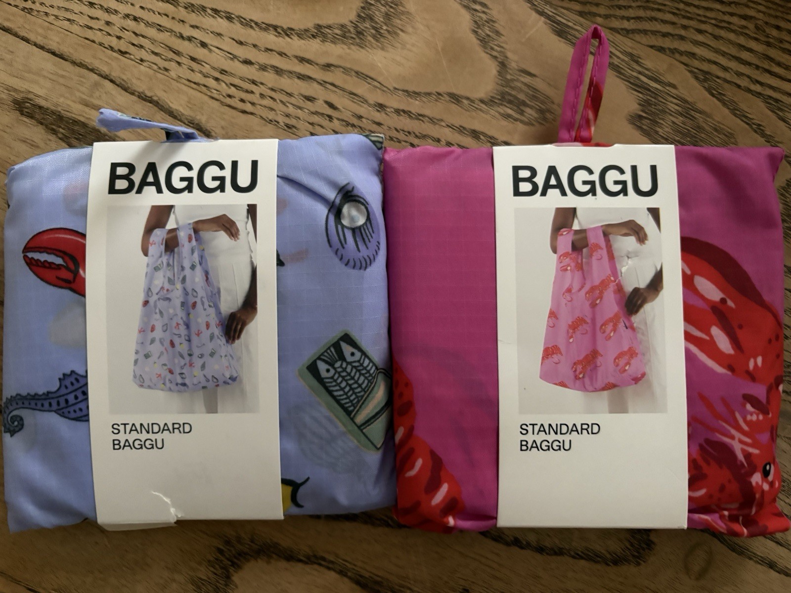 Set Of 2 BAGGU Reusable Standard Bags Pink Lobster & Sea Charms- Beach Resort