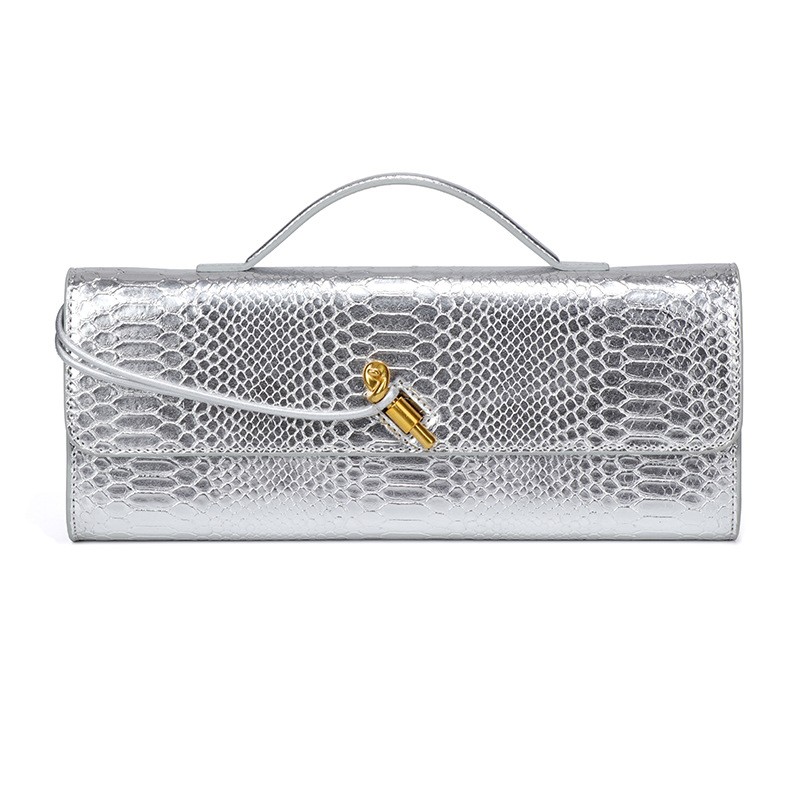 Crocodile Texture Horizontal Square Bag with Lock Closure and Polyester Lining