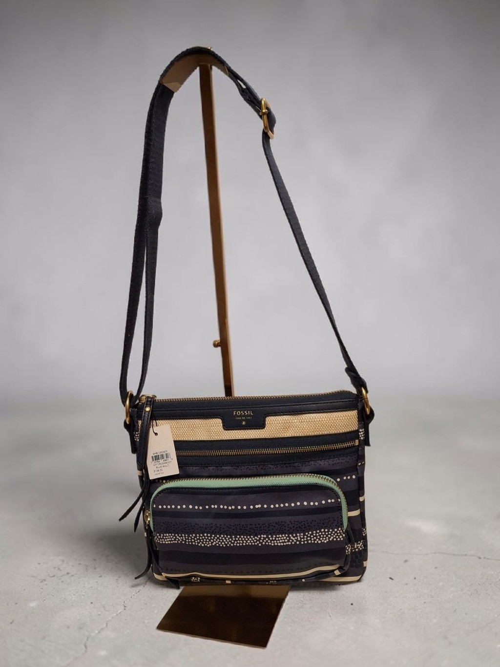 Fossil Blue and Beige Crossbody Bag with Green Accent NWT