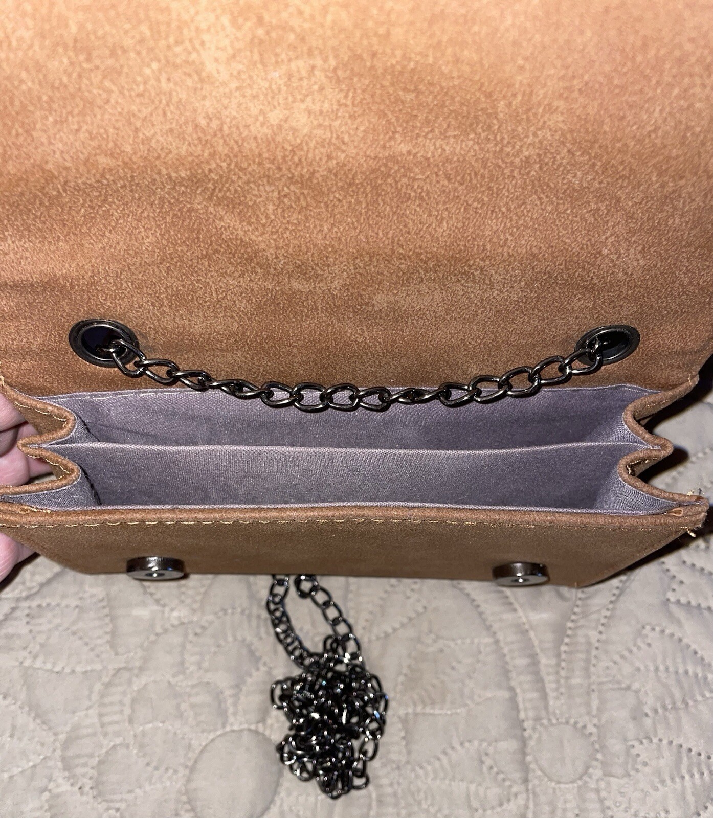 Suede Crossbody Bag Woman’s Clutch With Chain Strap Pewter Feather Hobo Y2K NEW